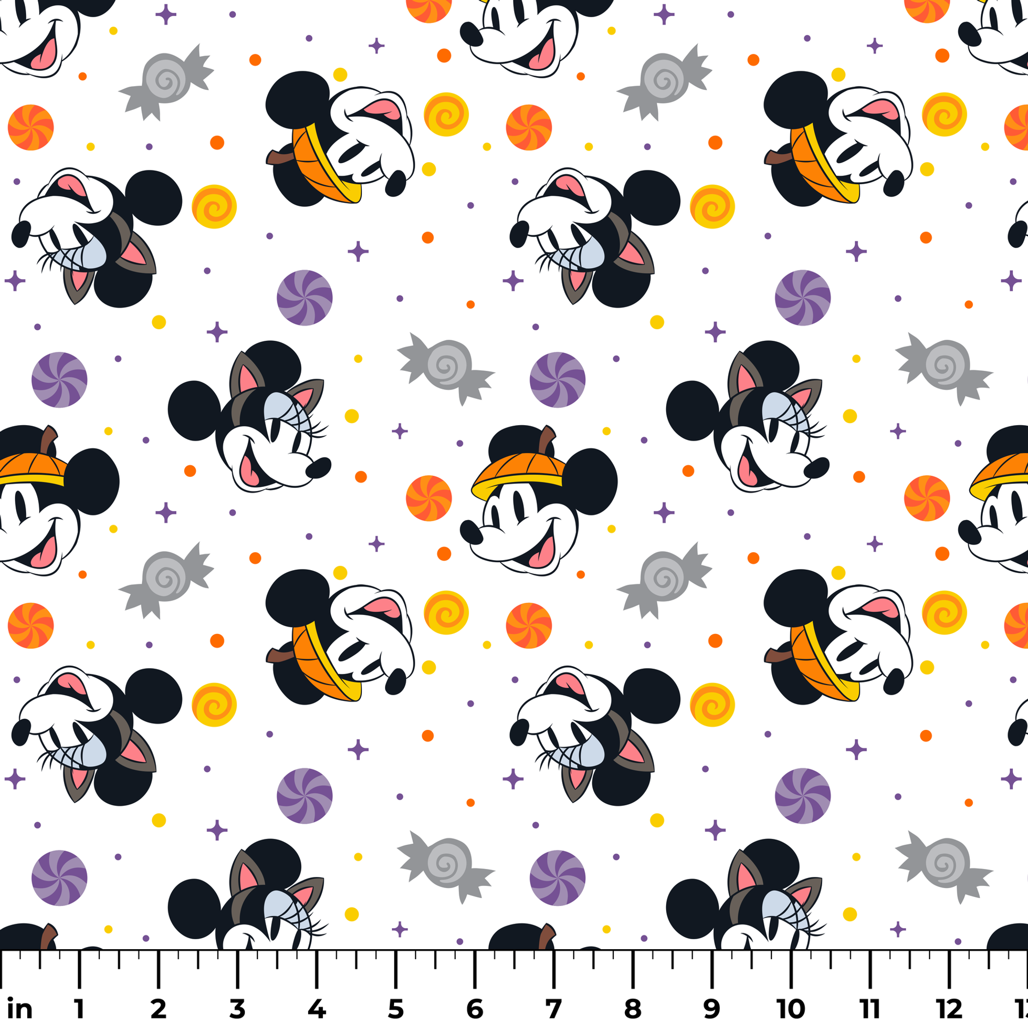 Mickey and Minnie Mouse cartoon heads scattered with wrapped candies and colorful dots on white background ruler