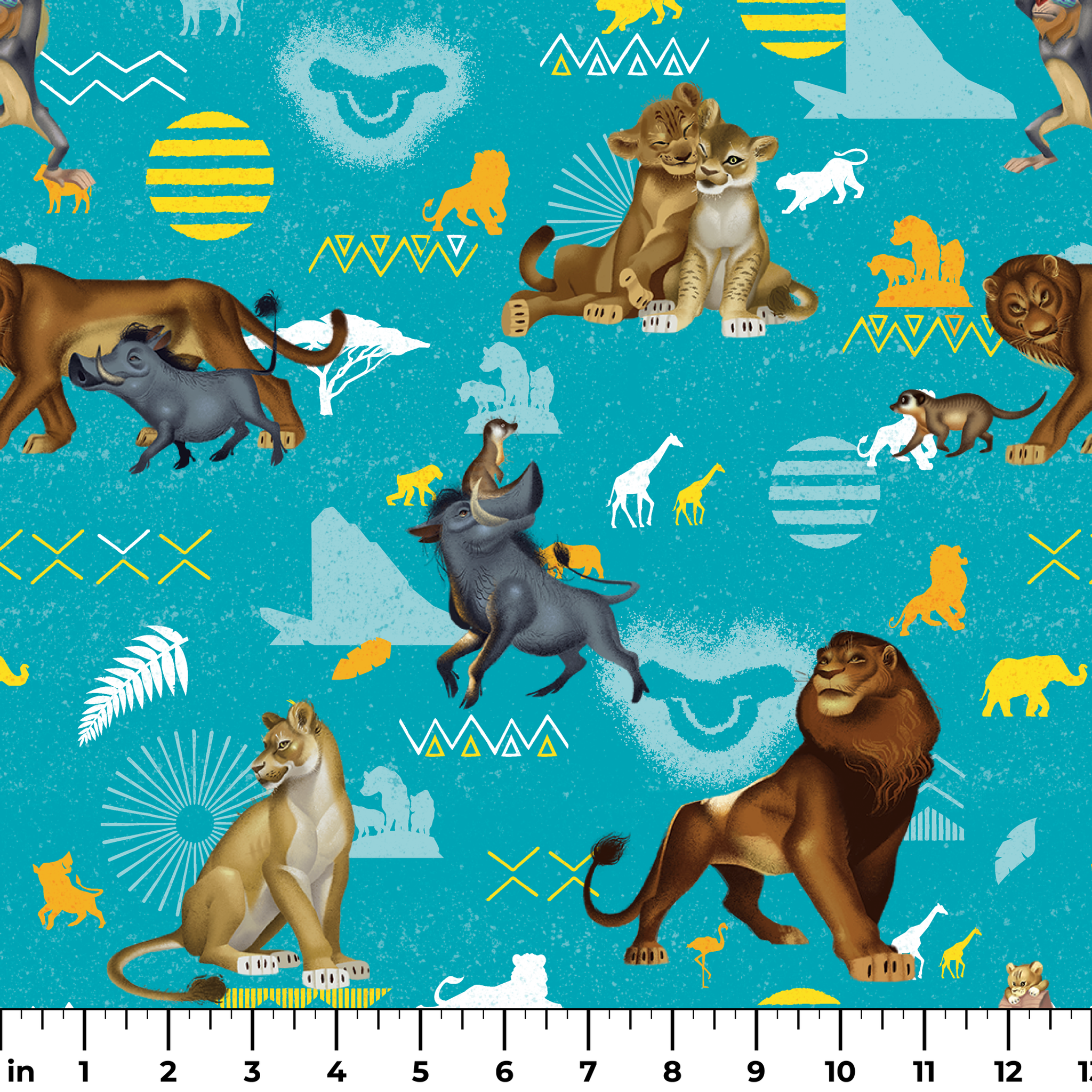 Animated lions pattern on turquoise background with geometric shapes and tribal designs ruler