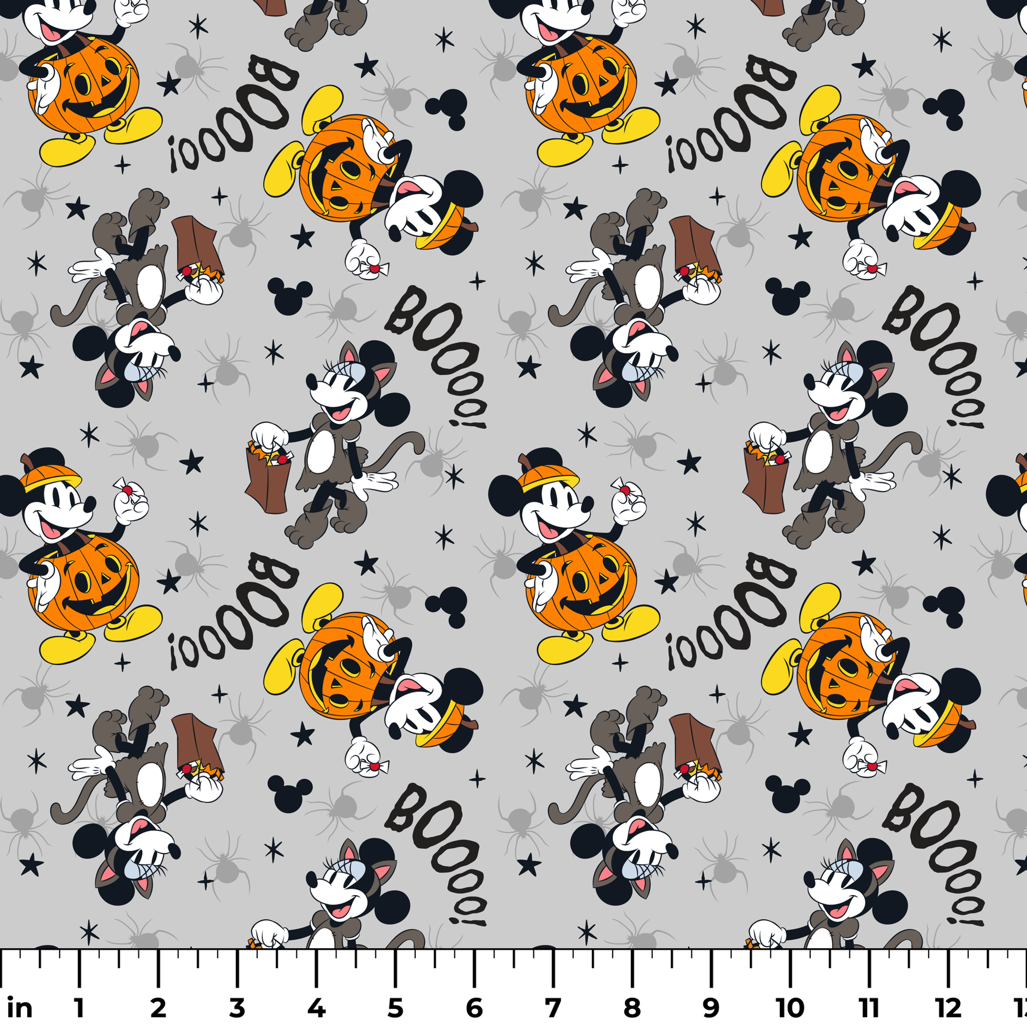 Mickey Mouse Halloween pattern with pumpkins, spiders, bats, "BOO!" text on gray background ruler