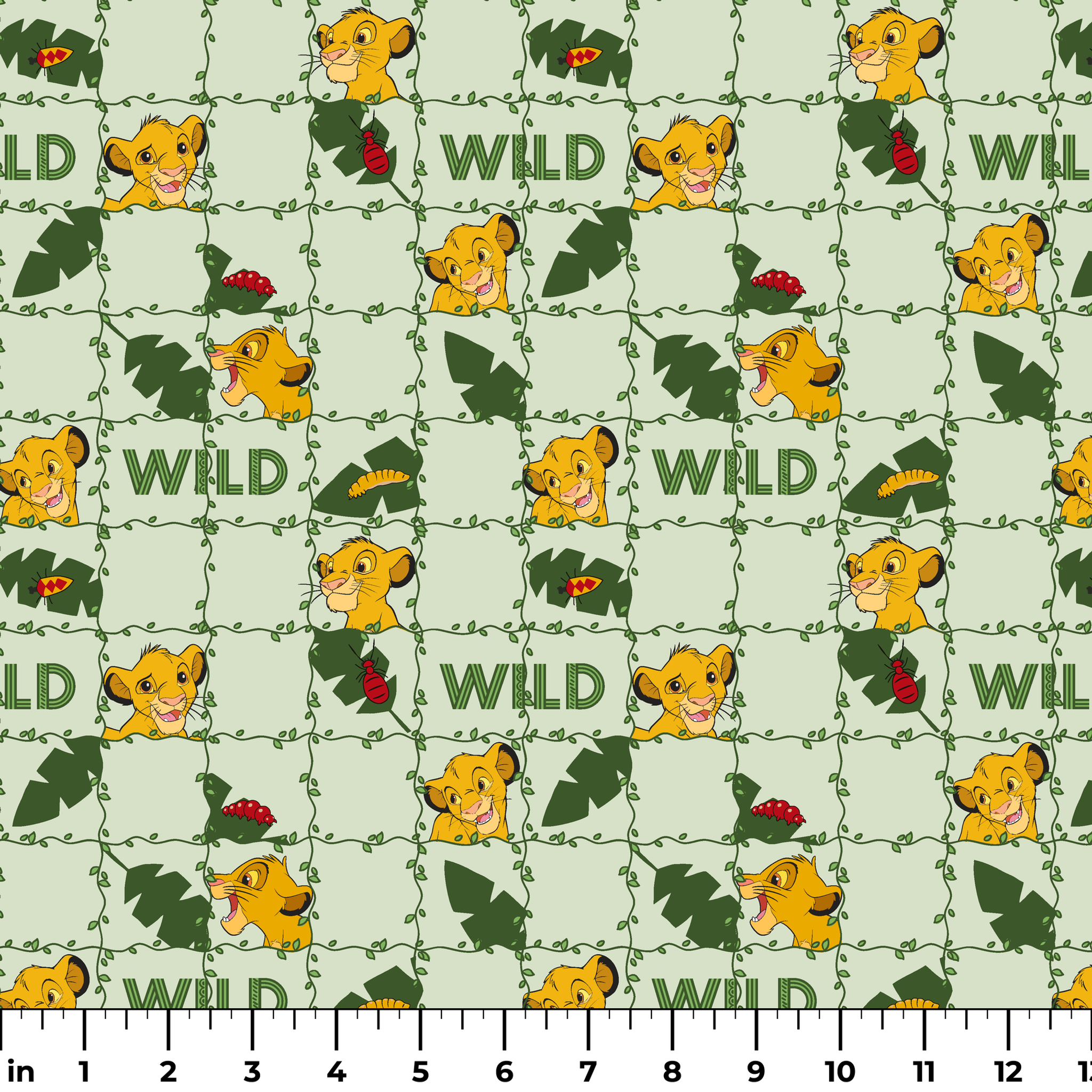 Young cartoon lion cubs with tropical leaves and "WILD" text on light green background pattern ruler