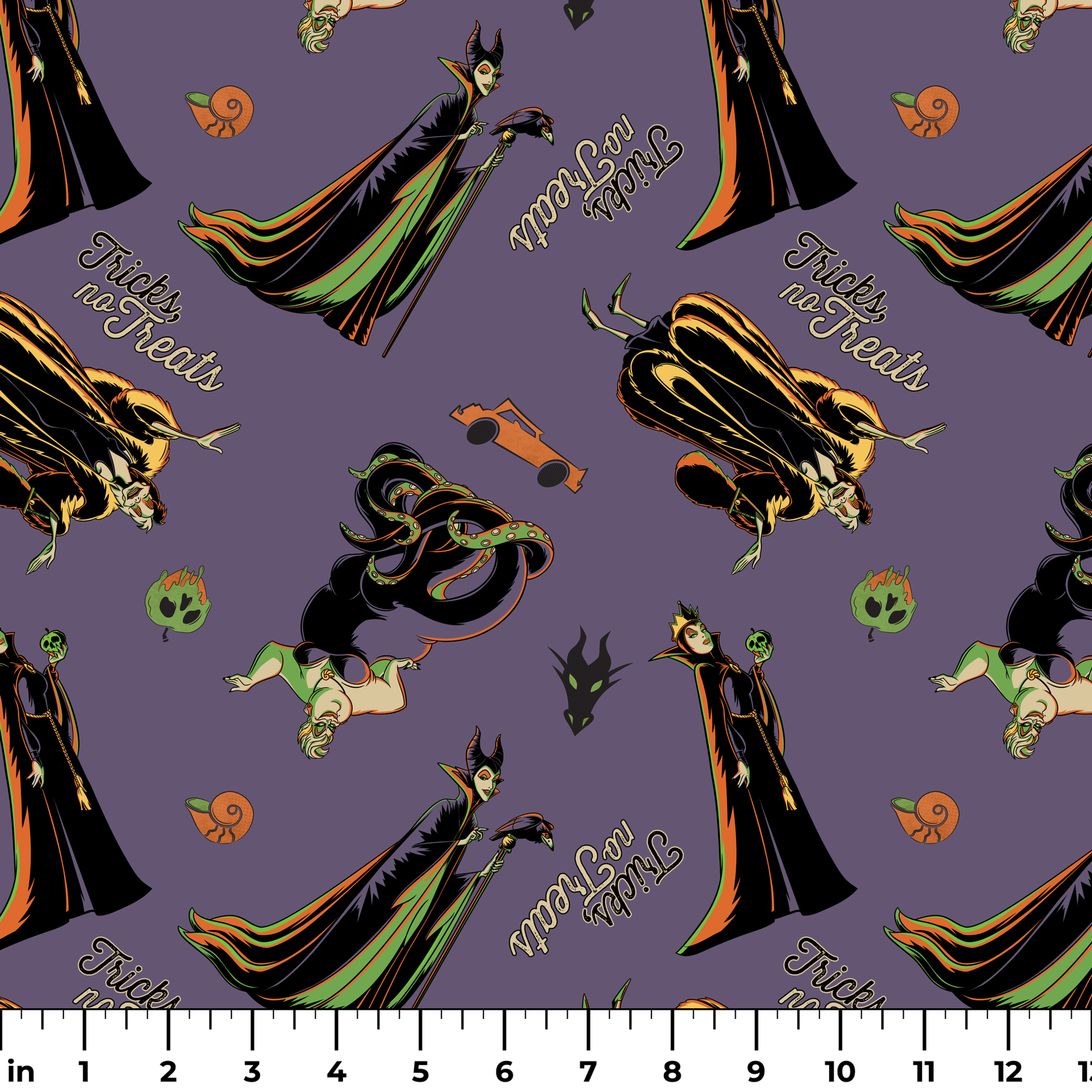 Cartoon villains pattern featuring Maleficent and other Disney antagonists on purple background ruler