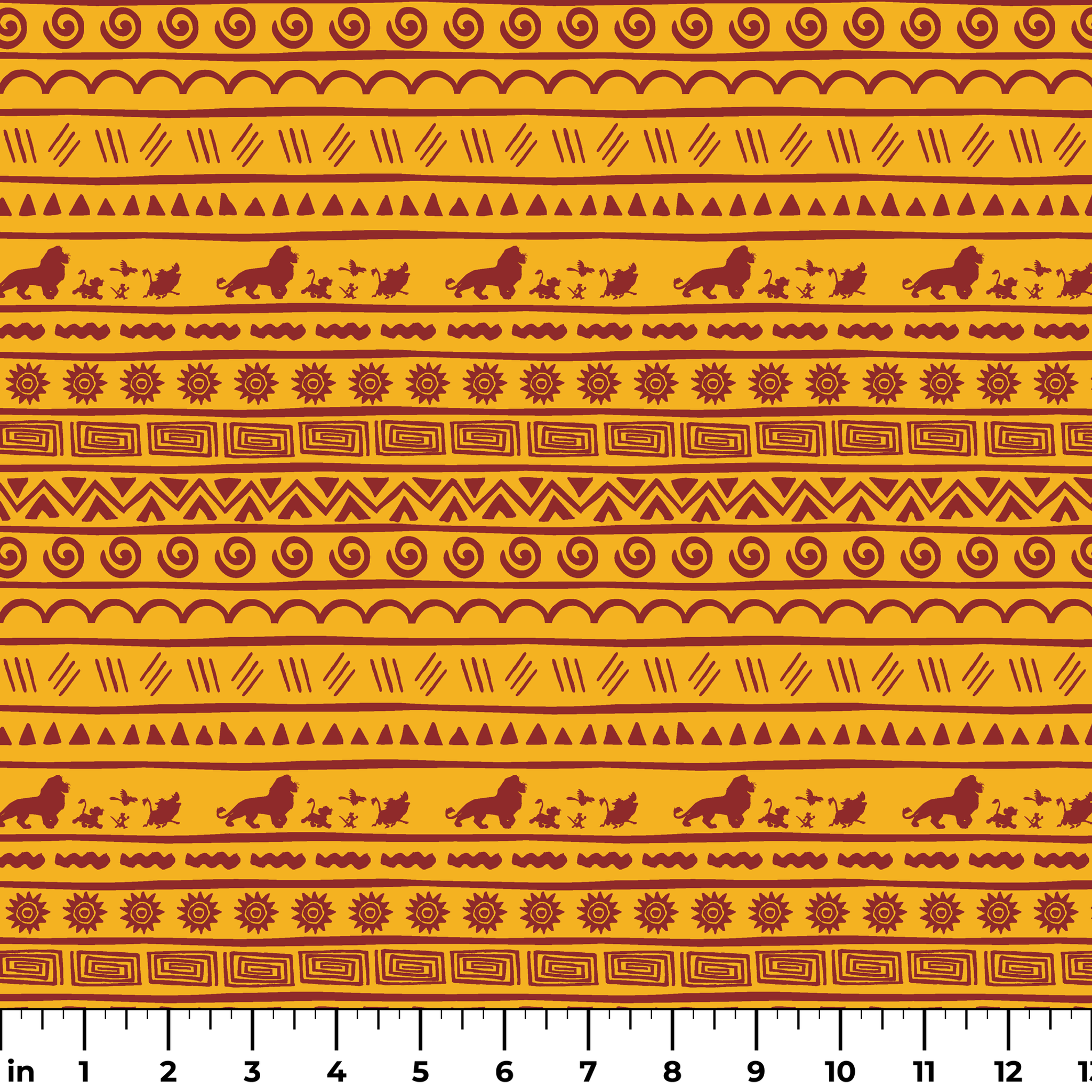 Traditional African pattern in yellow and maroon with spirals, lions, geometric designs, and sun symbols arranged in horizontal bands ruler