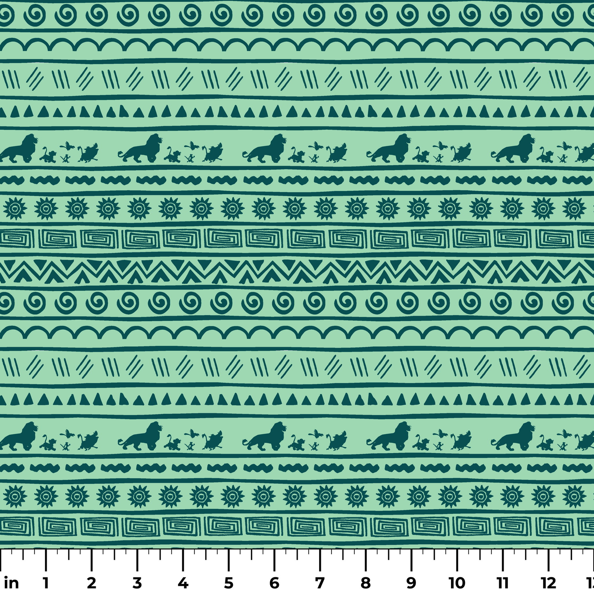 Traditional African-inspired pattern in dark teal on mint green with lions, spirals, triangles, and geometric motifs ruler