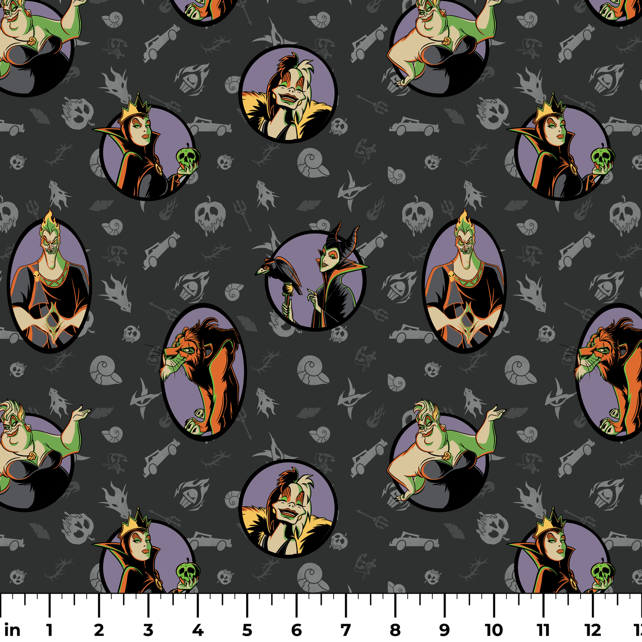 Cartoon Disney villains in purple circles on dark gray background with villain-themed icons ruler