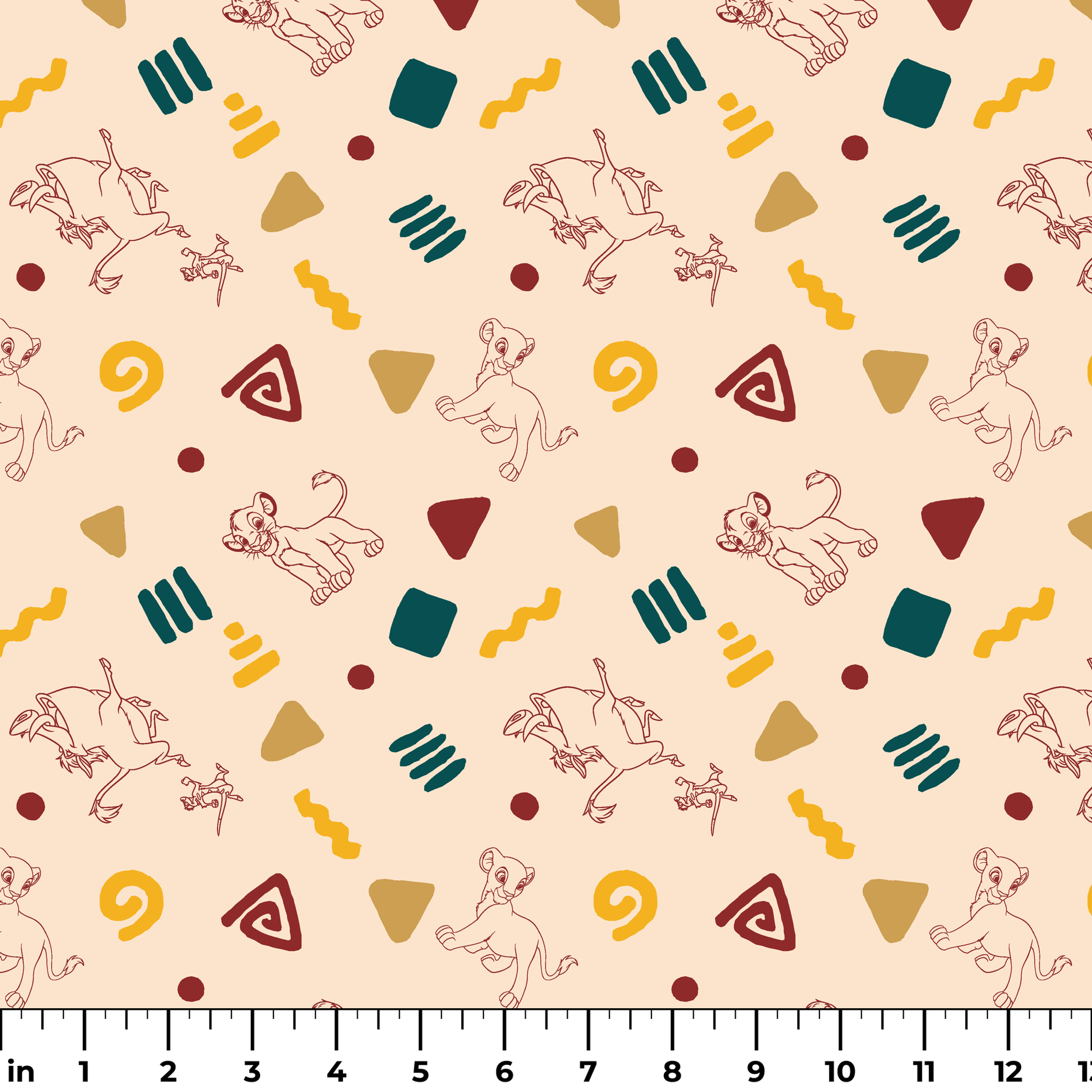 Abstract pattern with line art animal sketches, geometric shapes in teal, yellow, and burgundy on beige background ruler