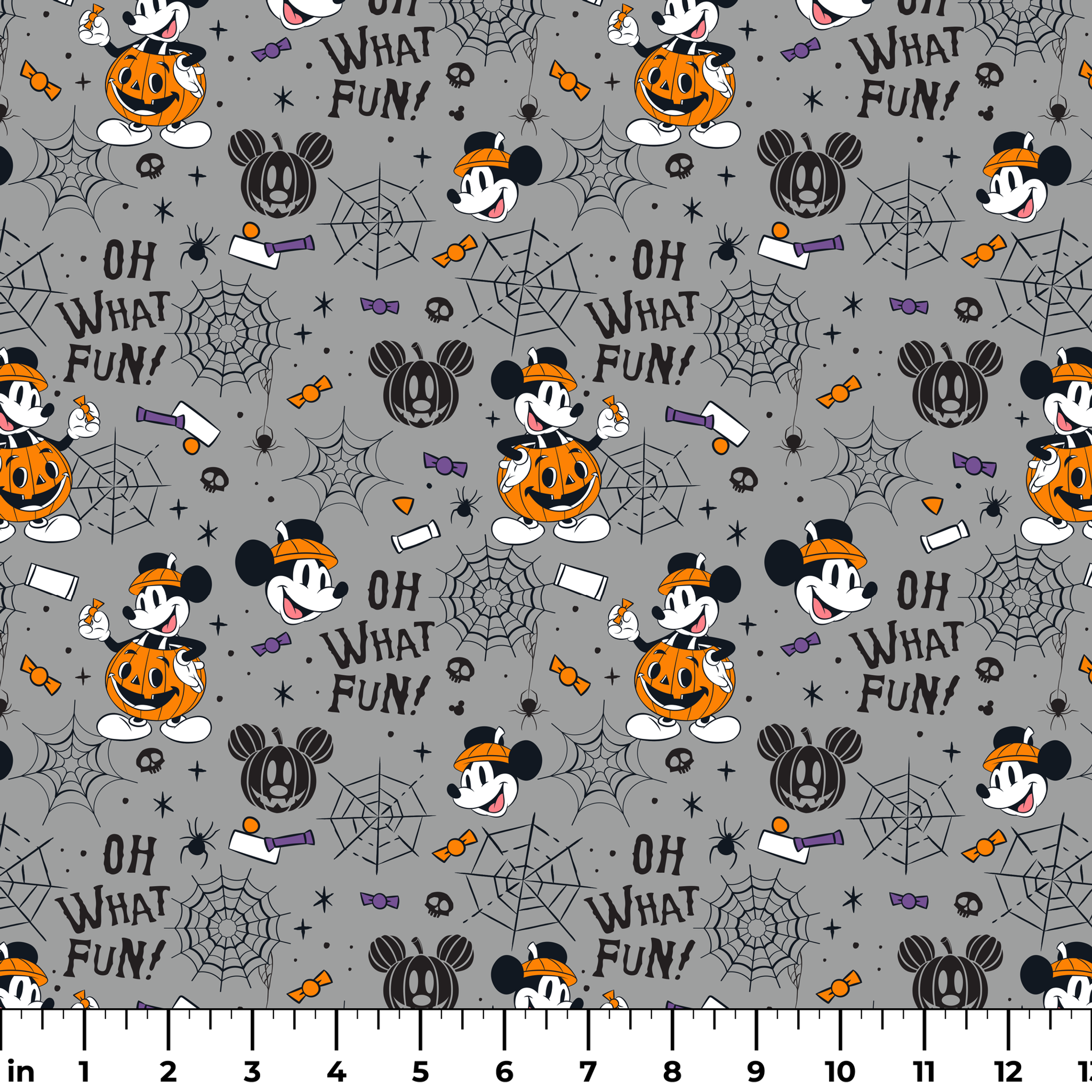 Halloween pattern with Mickey Mouse characters, pumpkins, spider webs, and "Oh What Fun!" text on gray background ruler