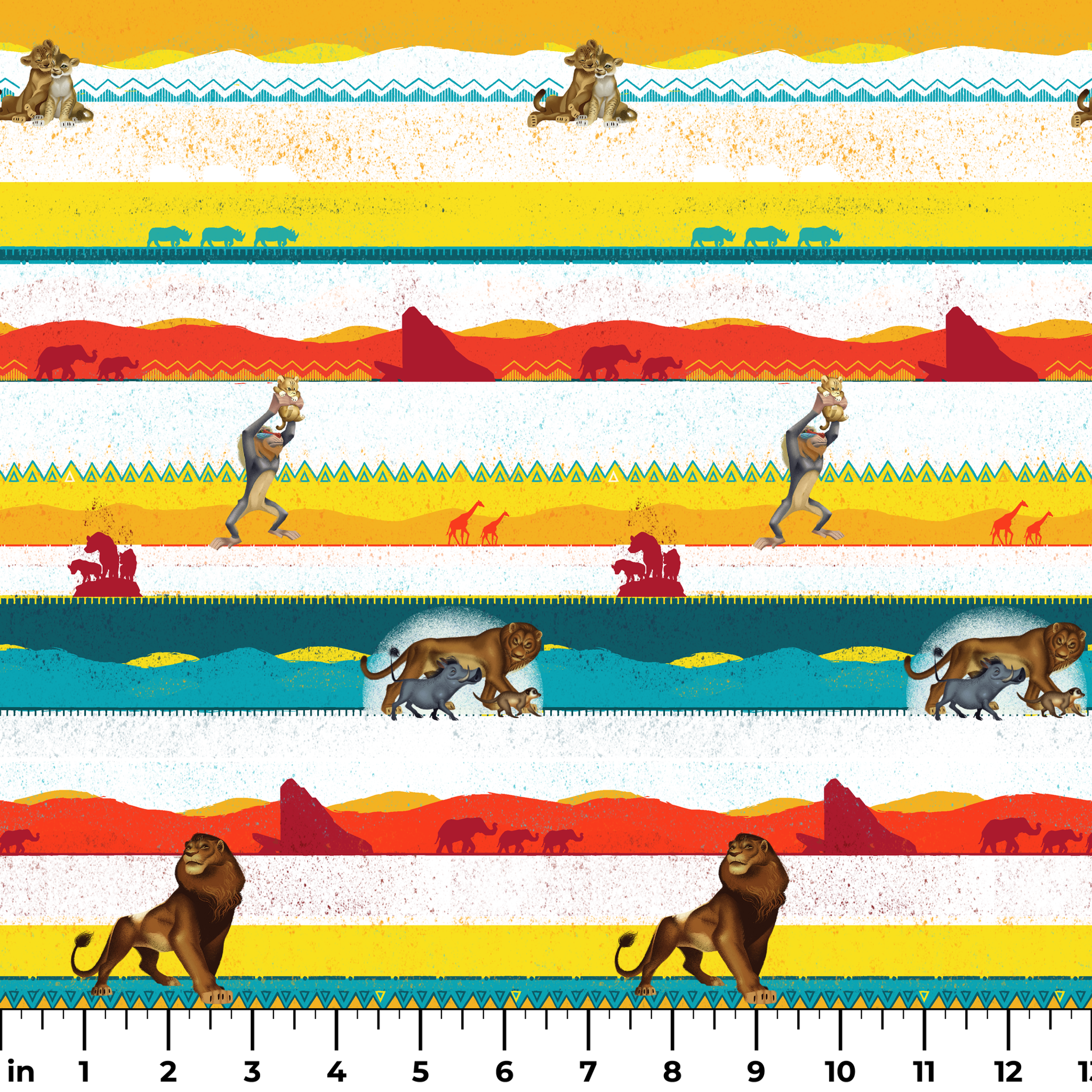 Colorful horizontal striped pattern featuring wildlife silhouettes including lion, elephant, and animals in savanna landscapes. ruler