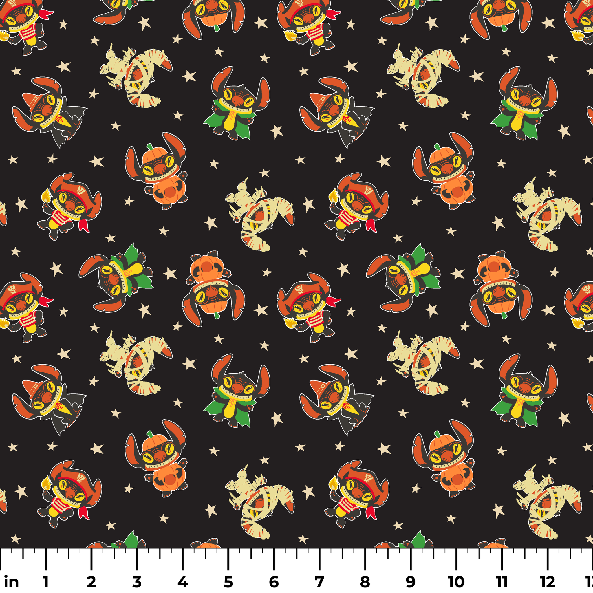 Pattern of Stitch in vibrant colors on black background with stars ruler