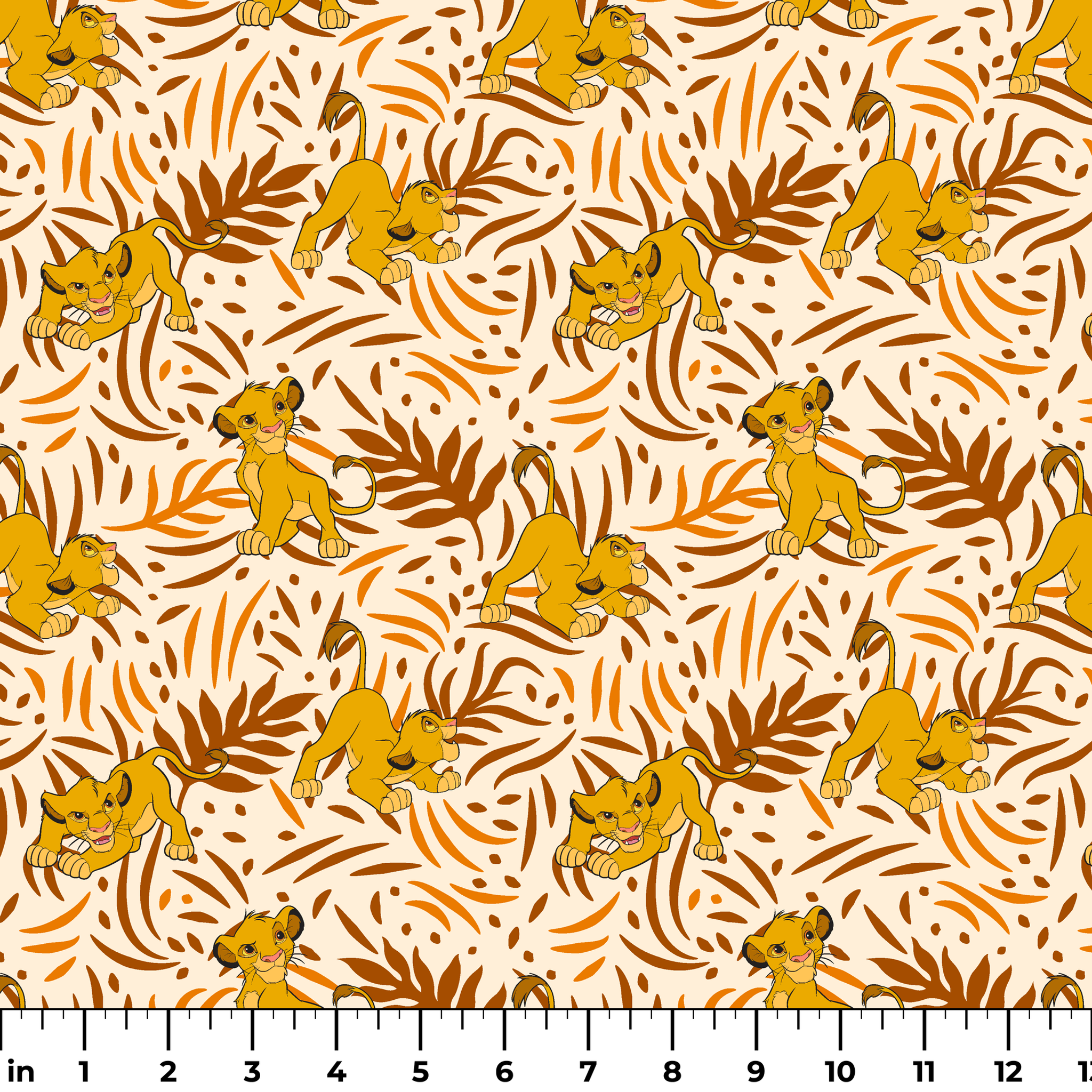 Cartoon lion cubs playing among stylized brown palm leaf pattern on cream background ruler