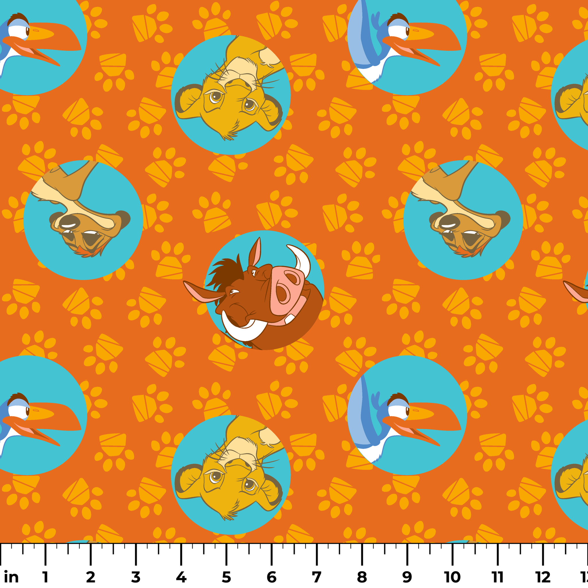 Cartoon animal characters in blue circles on orange background with yellow paw prints pattern ruler