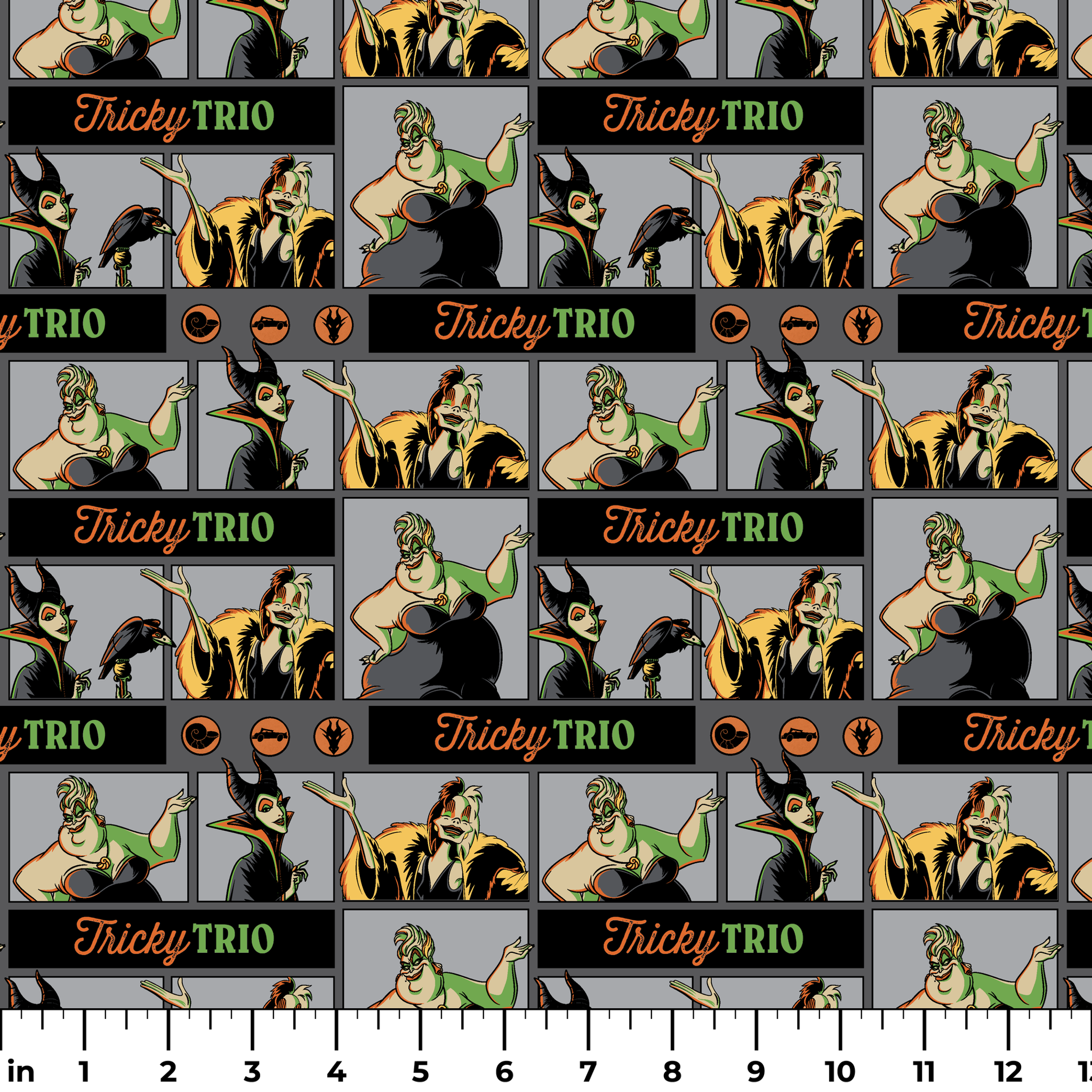 Cartoon-style villains "Tricky Trio" pattern with Maleficent, Cruella, and Ursula in green and orange text ruler