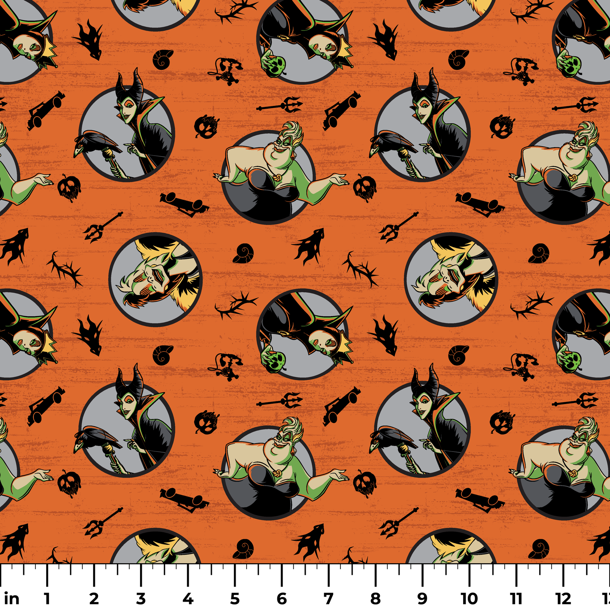 Halloween-themed orange pattern with circular Disney Villain portraits, black cats, bats, pumpkins, and spooky symbols ruler