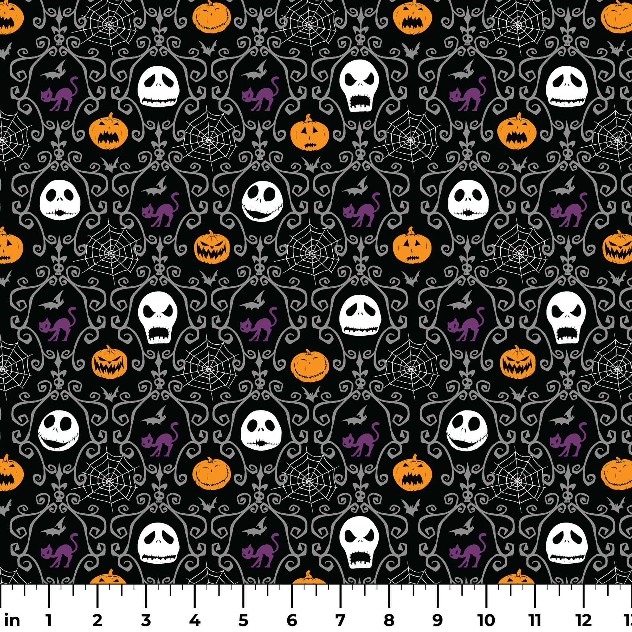 Nightmare Before Christmas pattern with skulls, pumpkins, bats and ornate swirls on black background ruler