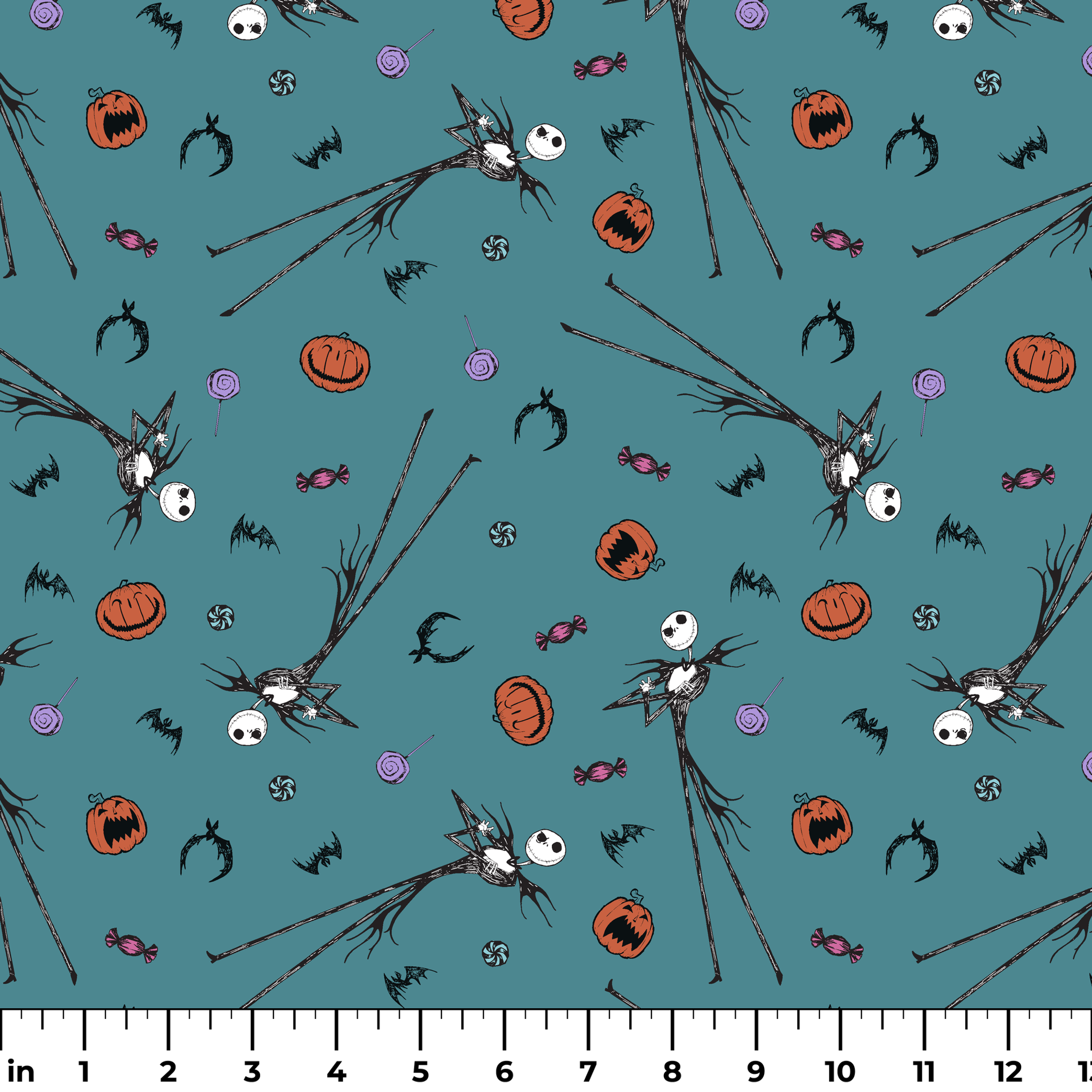 Halloween pattern with witch brooms, pumpkins, bats, candy, and creepy eyes on teal background ruler