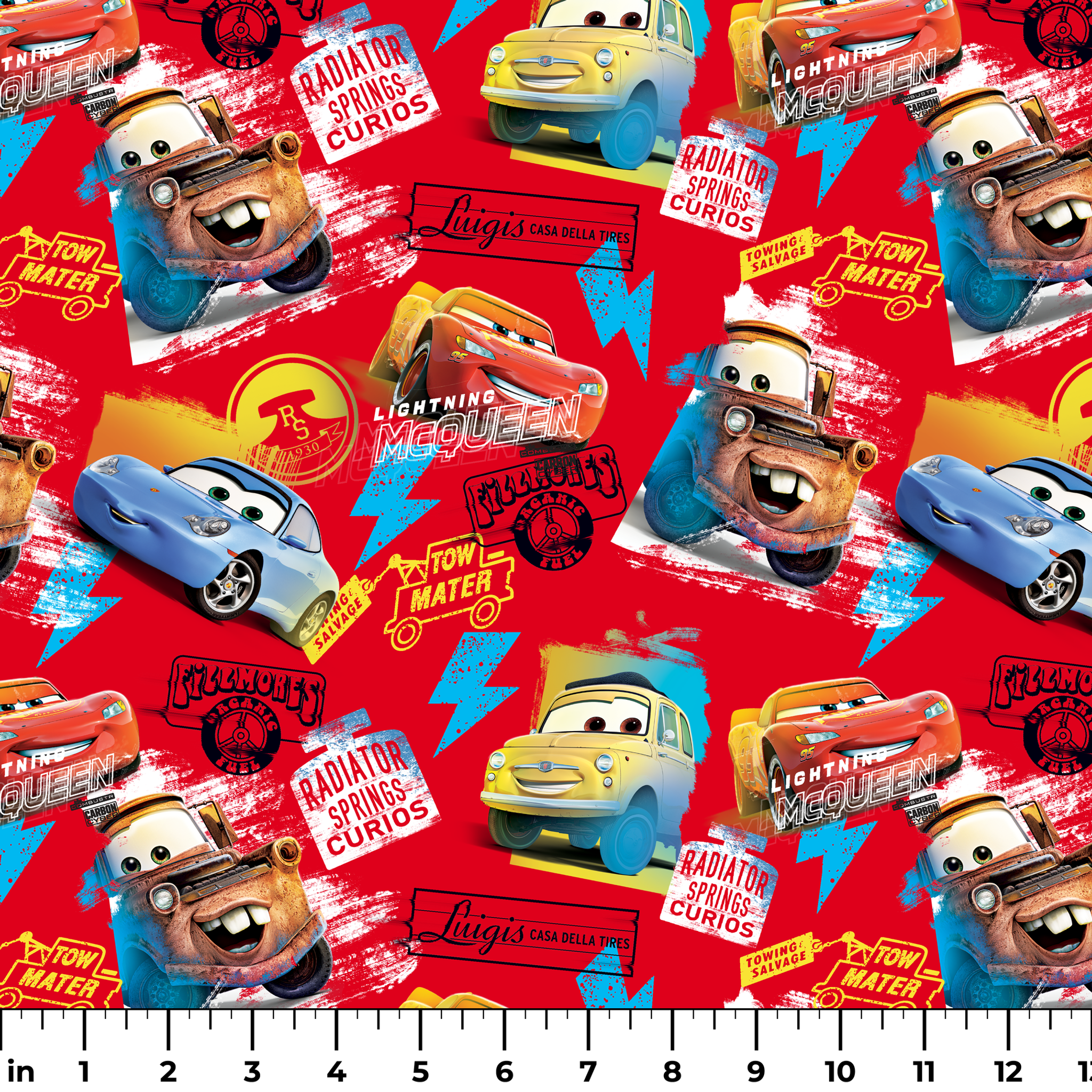 Colorful Cars movie characters pattern featuring Lightning McQueen and Mater on red background with logos ruler