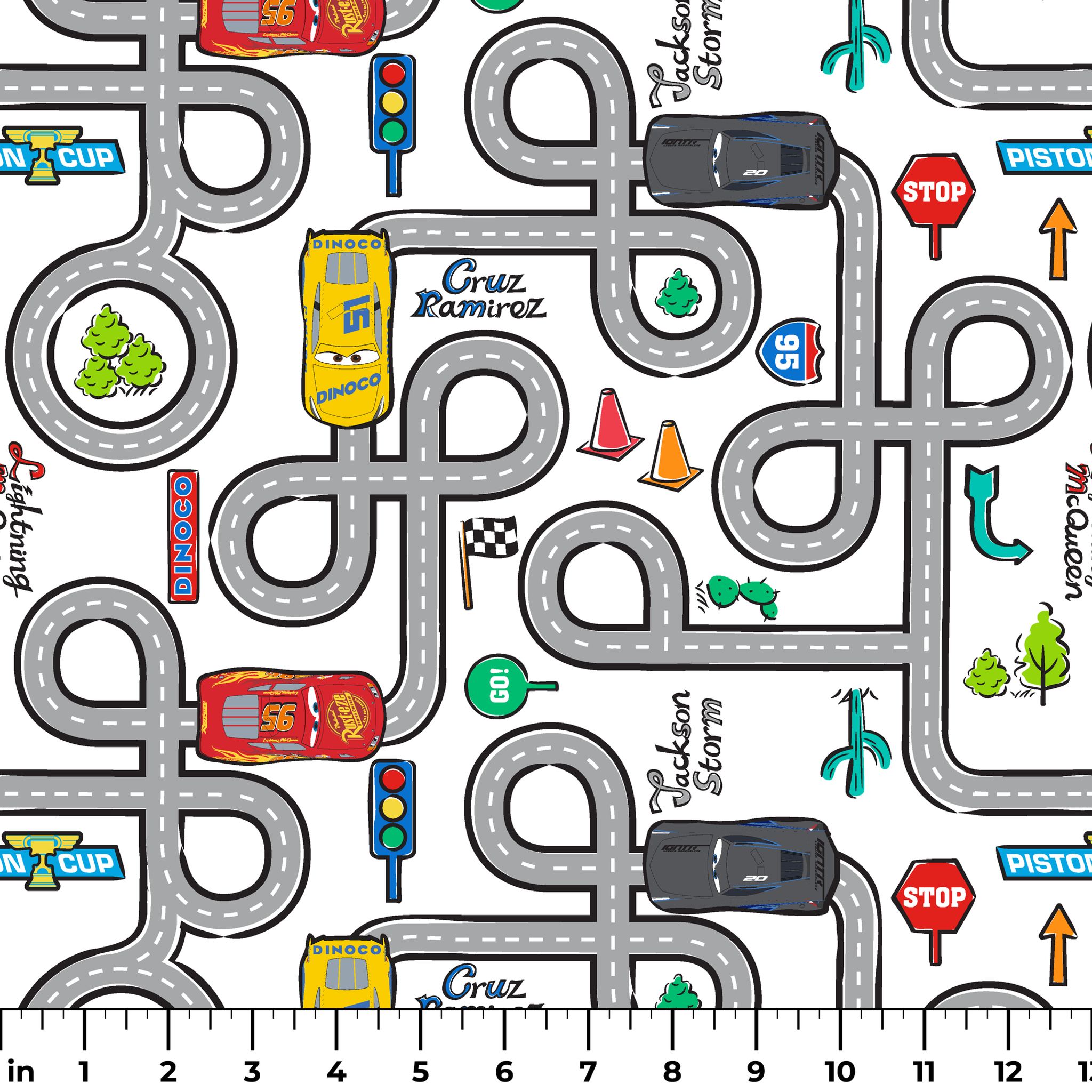 Cartoon road map with cars, traffic signs, and "Cruz Ramirez" label on winding gray streets ruler