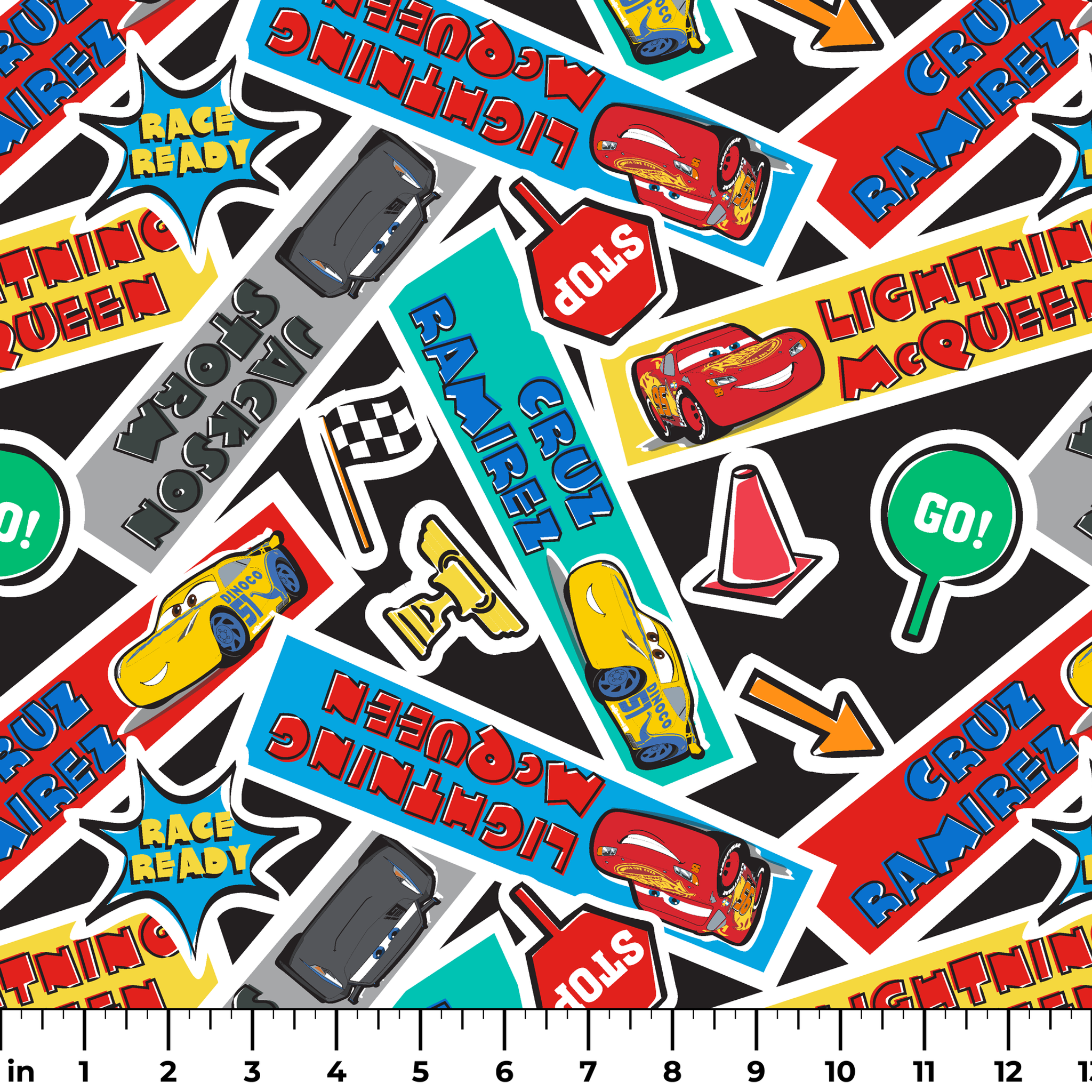 Colorful Cars movie stickers featuring Lightning McQueen, racing themes, and car motifs in vibrant colors. ruler