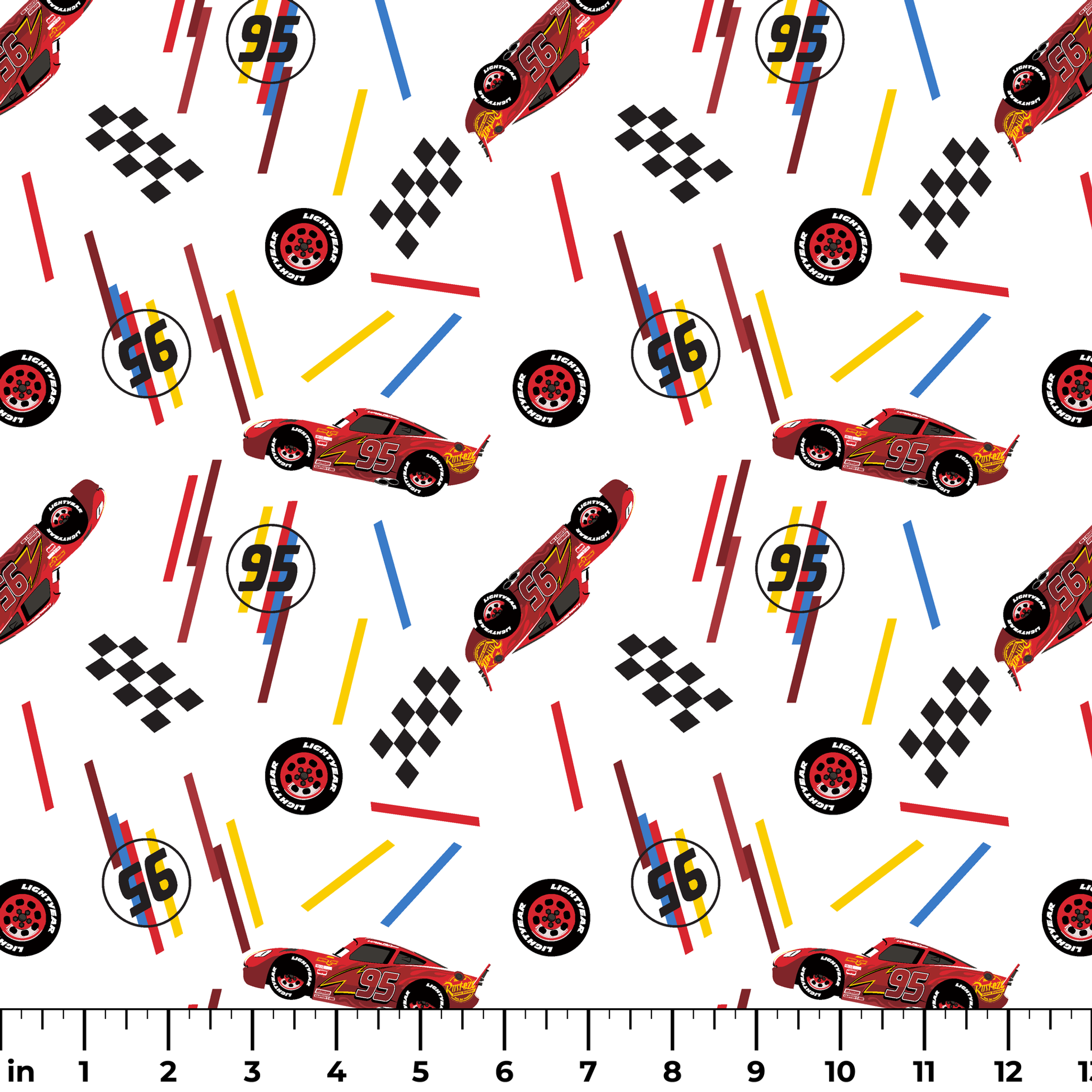 Racing car pattern with red toy cars, checkered flags, number 95 emblems, and colorful lines on white background ruler