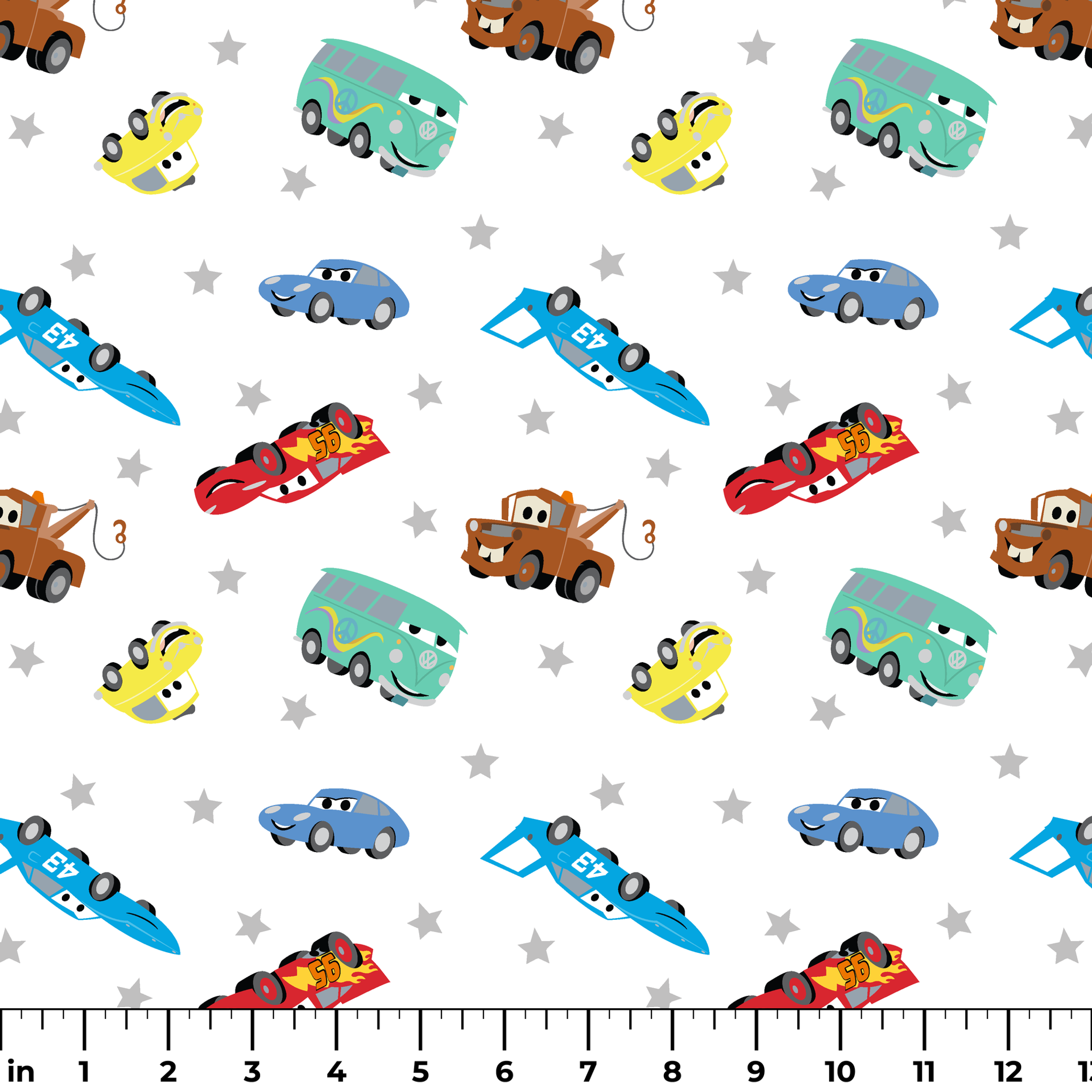 Cartoon vehicles pattern with colorful cars, trucks, and racing cars on white background with gray stars ruler