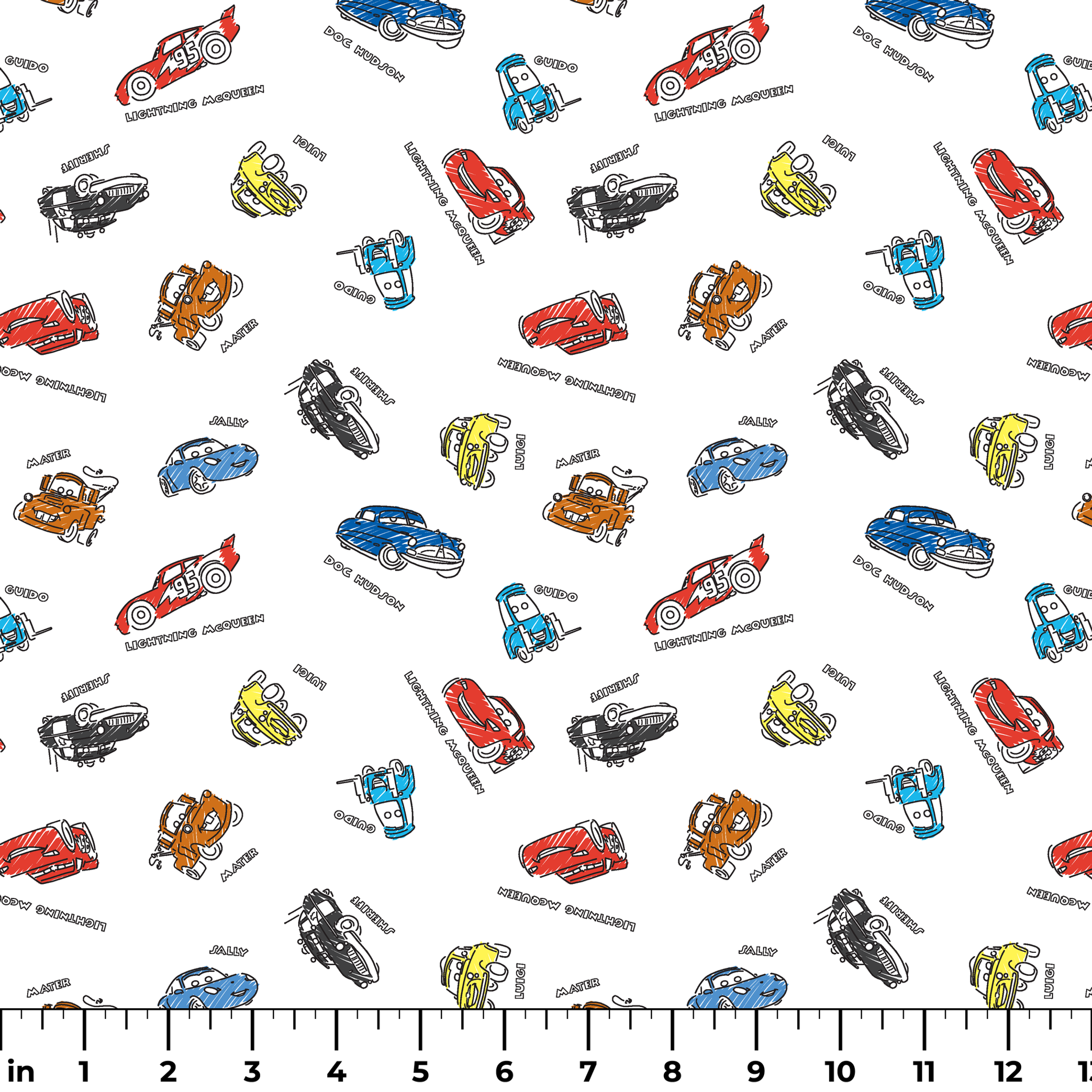 Colorful cartoon race cars in various colors scattered on white background with small text labels ruler