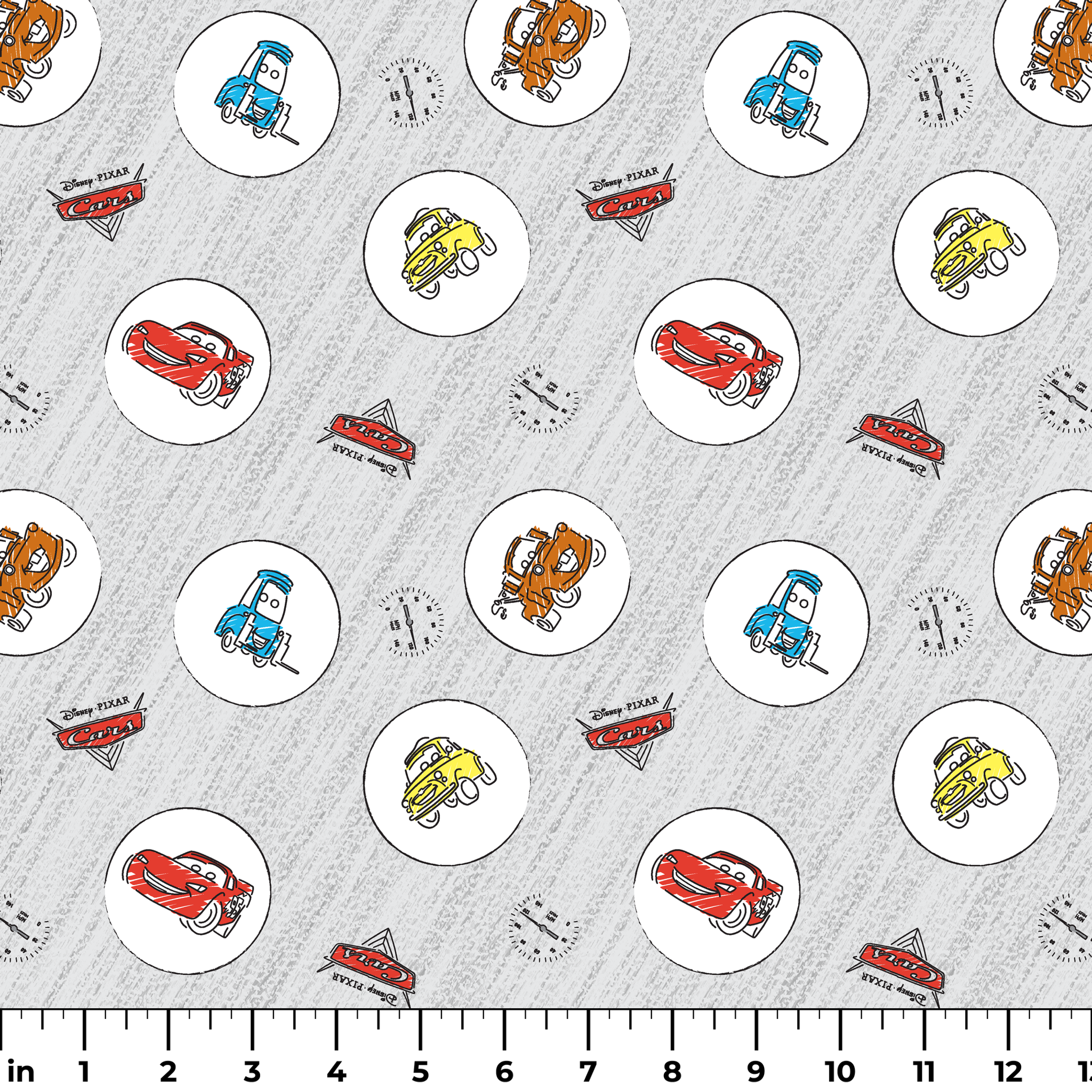 Cartoon Cars movie characters in white circles on a light gray sketched background with Cars logos ruler