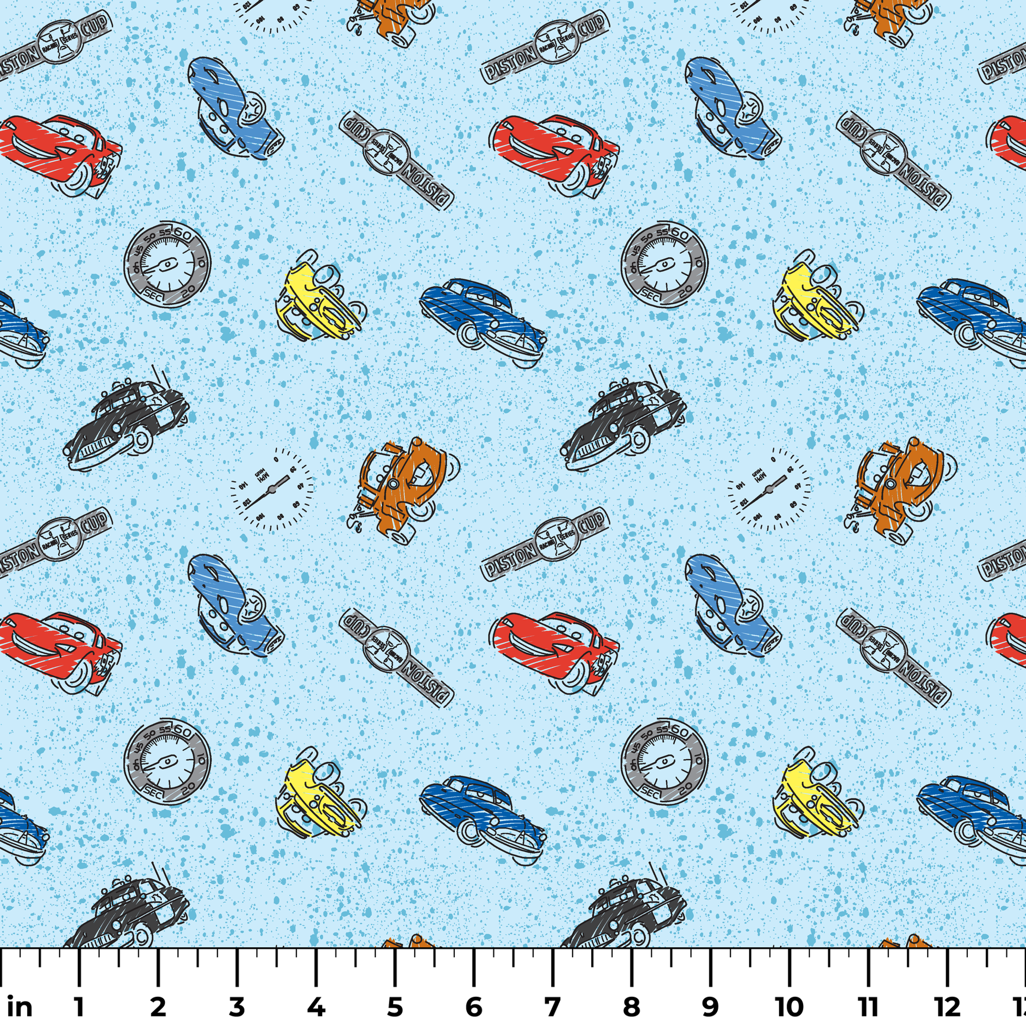 Colorful cartoon cars and watches scattered on a light blue speckled background pattern ruler