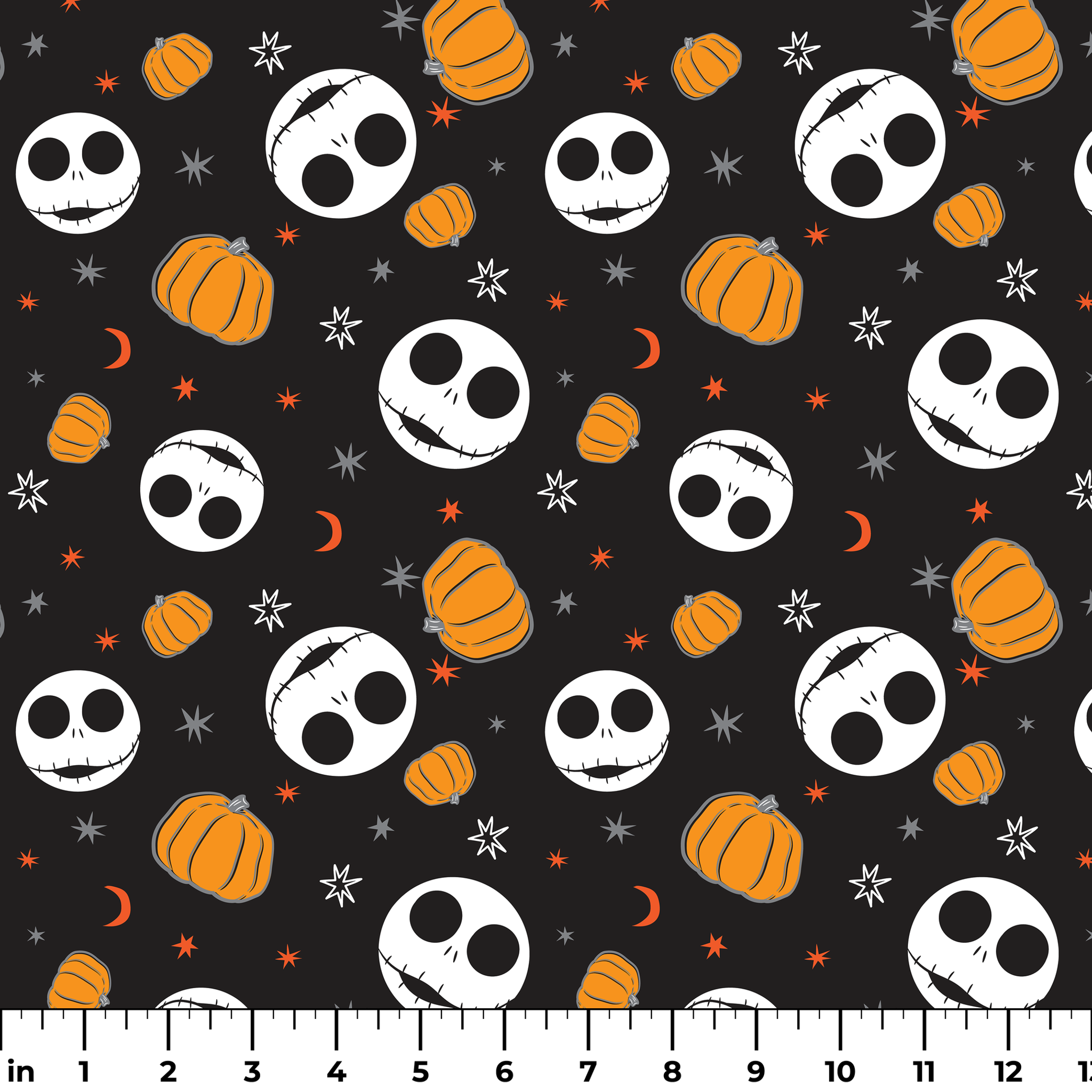 Halloween pattern with Nightmare Before Christmas characters, orange pumpkins, stars and crescent moons on black background ruler