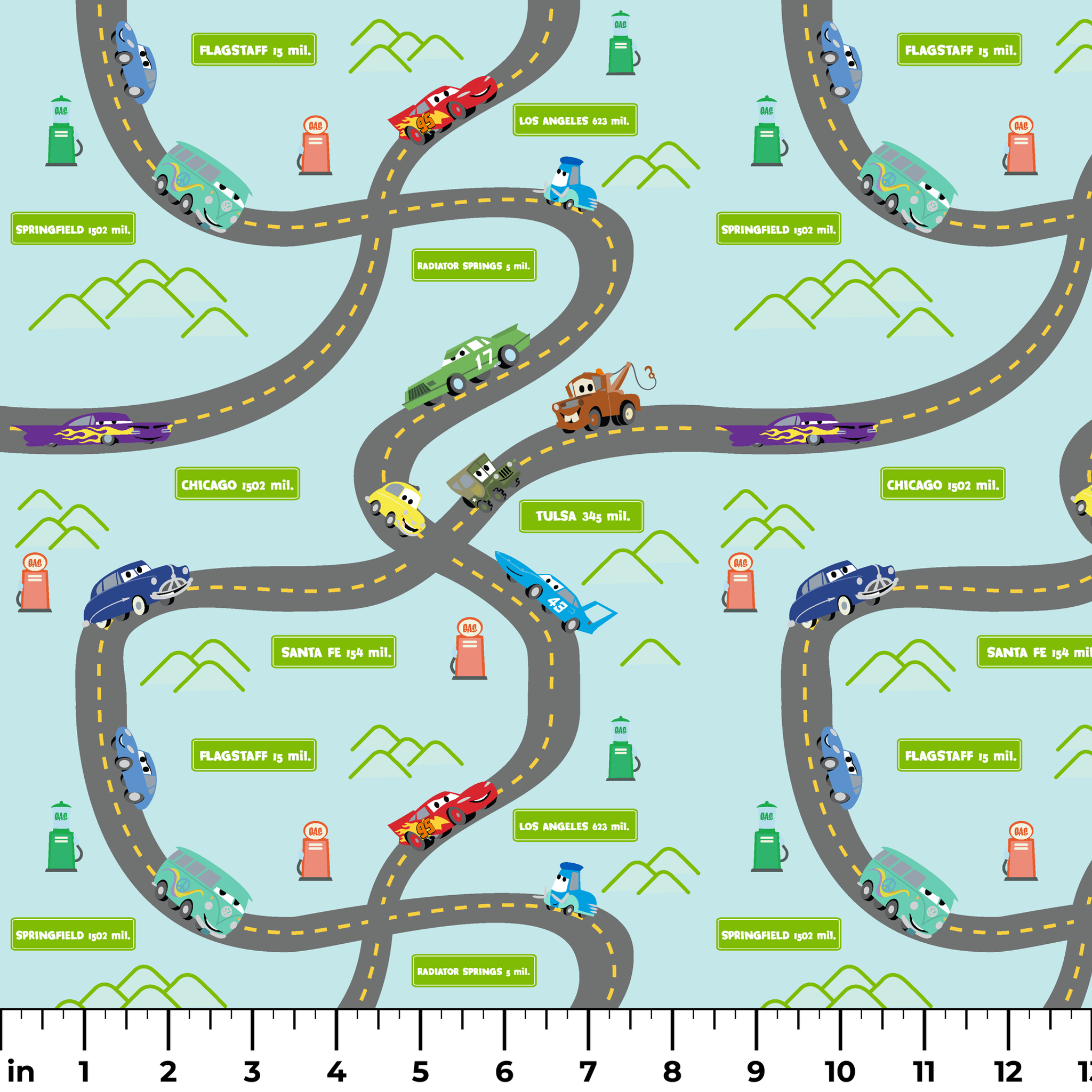 Cars from "Cars" movie on winding road with green speech bubbles showing different car brands and gas stations. ruler