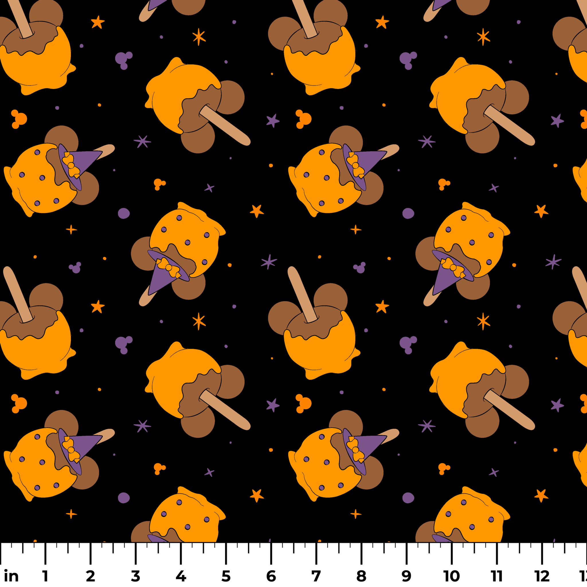 Disney-inspired caramel apples and candy apples floating in a space-like black background with purple stars. ruler