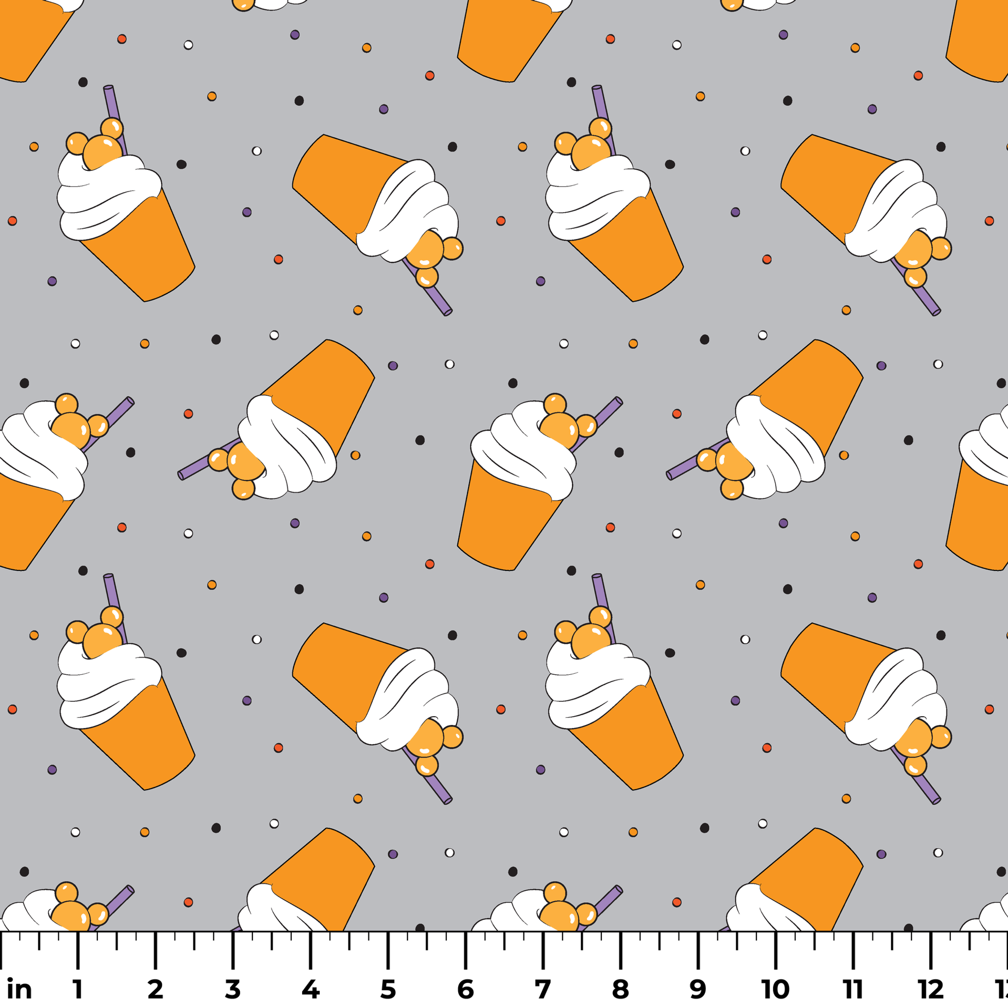 Orange Disney-inspired drinks with whipped cream and purple straws on gray background with colorful dots ruler