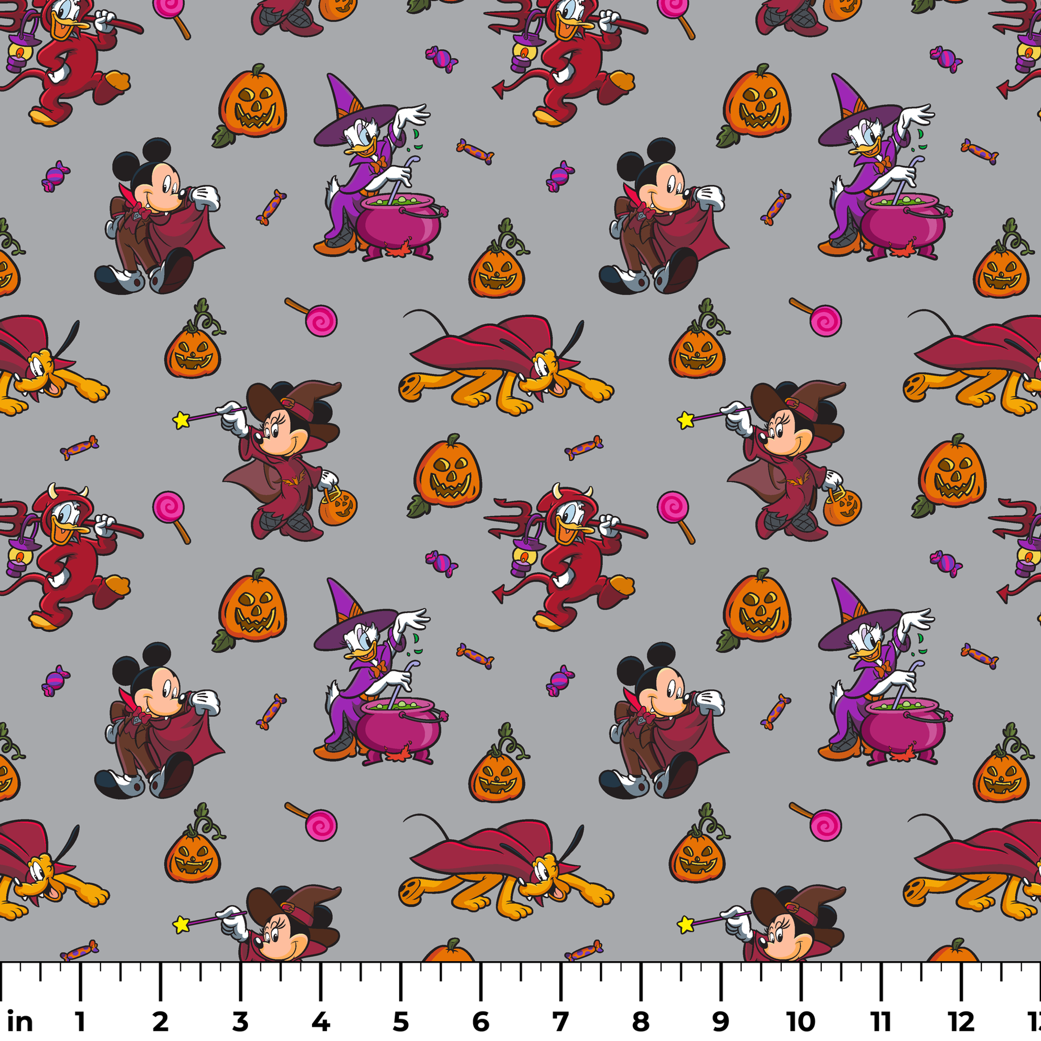 Halloween-themed cartoon pattern with Mickey Mouse characters in costumes, pumpkins, candy, and cauldrons on gray background ruler