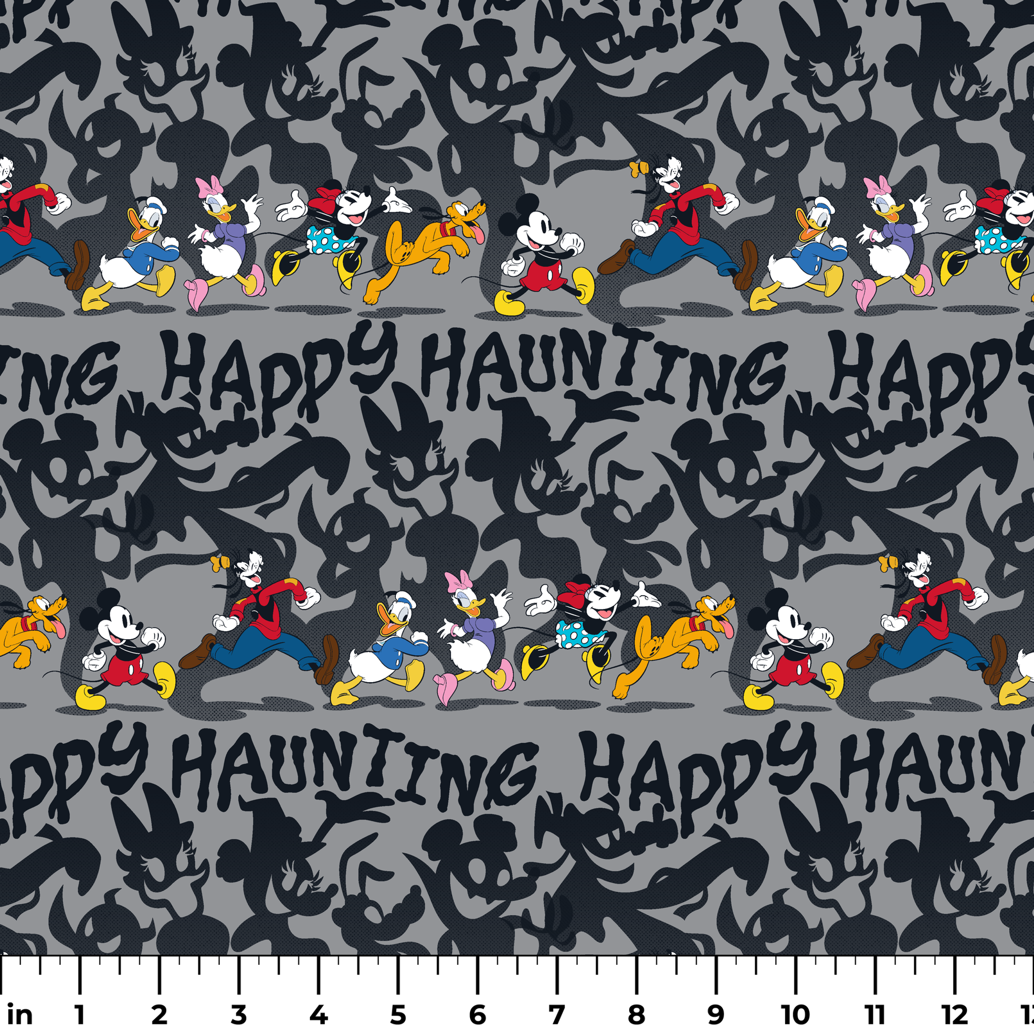 Classic Disney characters on dark gray background with "Happy Haunting" text, Mickey, Donald, and friends in Halloween-themed poses. ruler