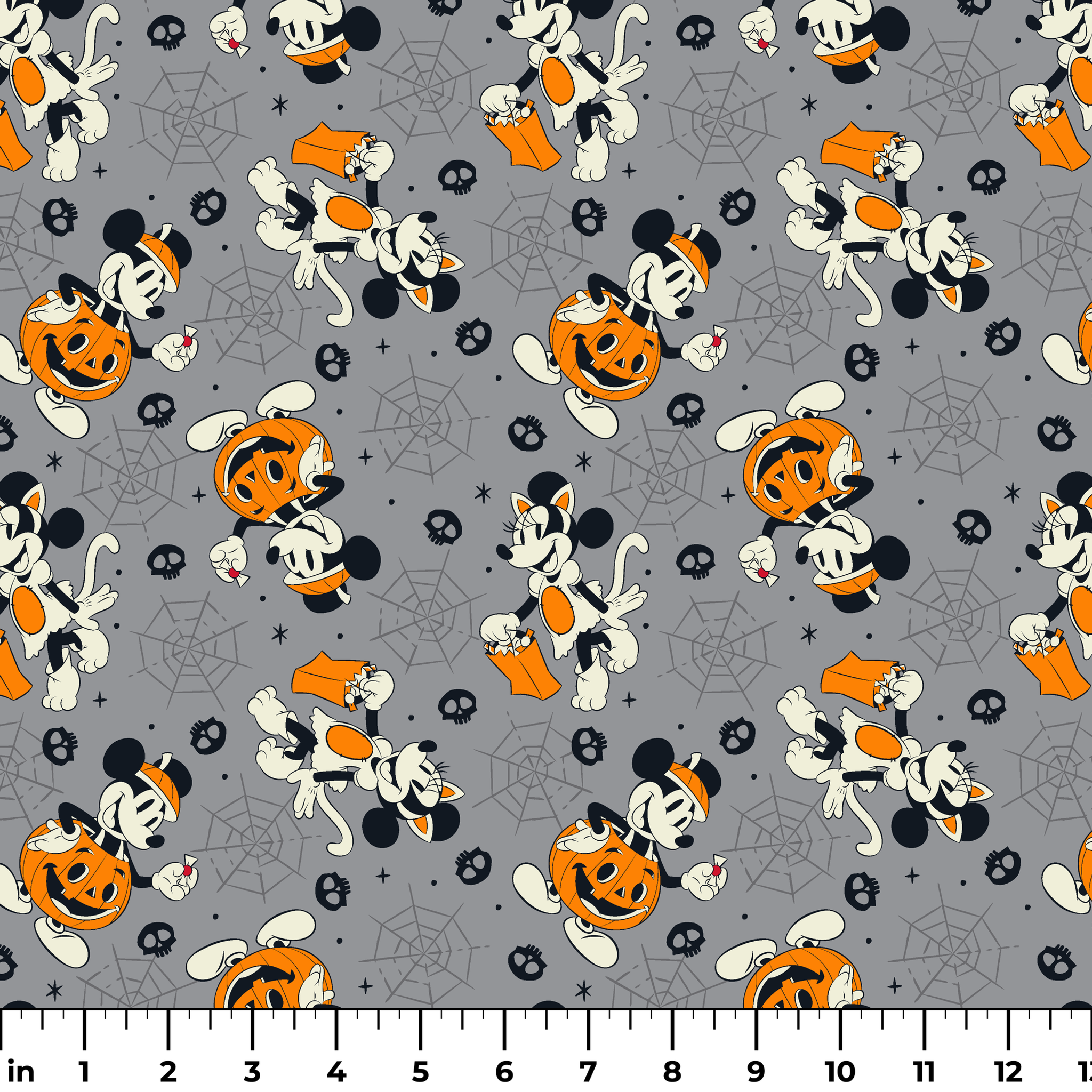 Cartoon dog characters in Halloween costumes with pumpkins on gray background with spider webs and skulls ruler