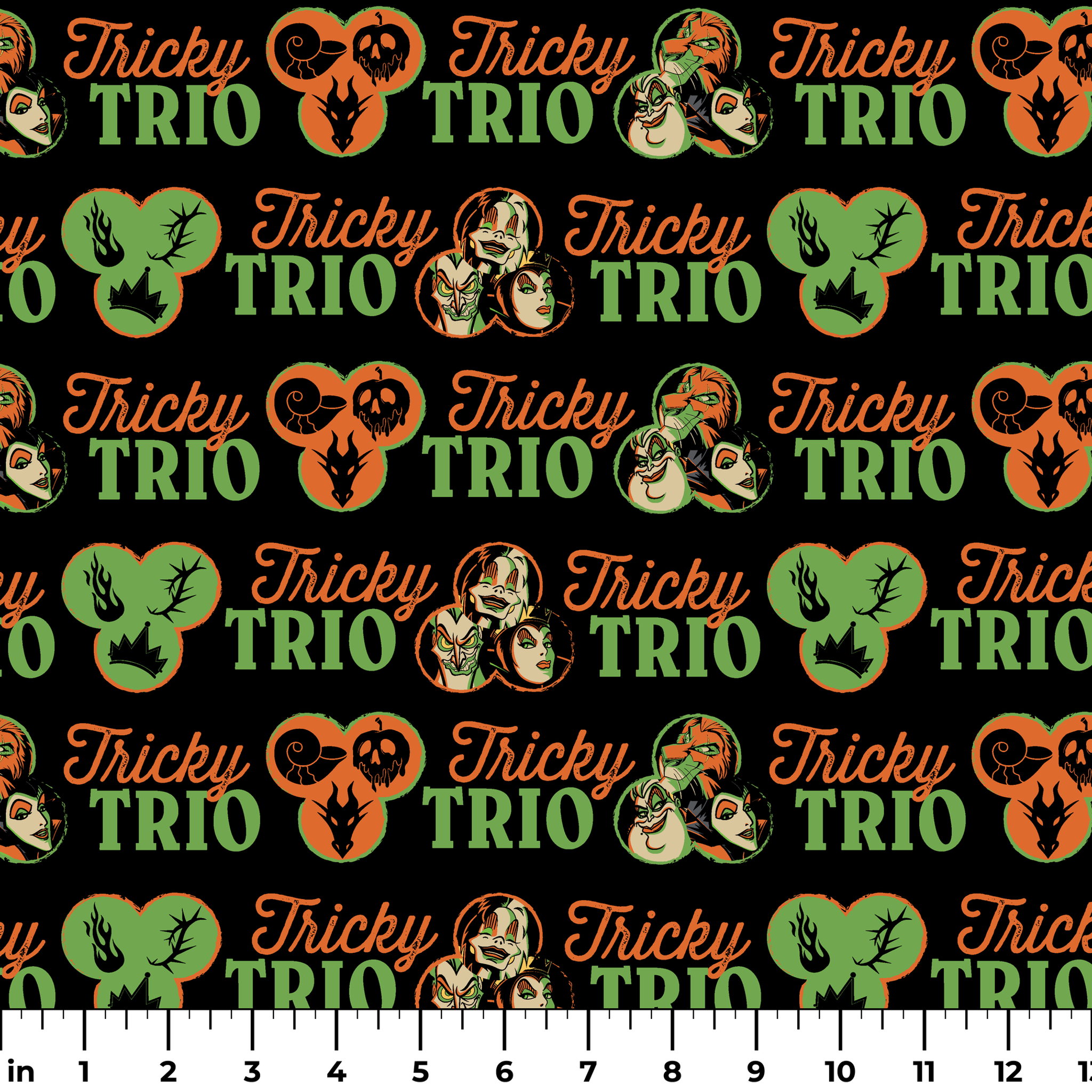 Disney Halloween pattern with "Tricky TRIO" text in orange and green, featuring Disney Villains, pumpkins, and ghostly designs on black background ruler