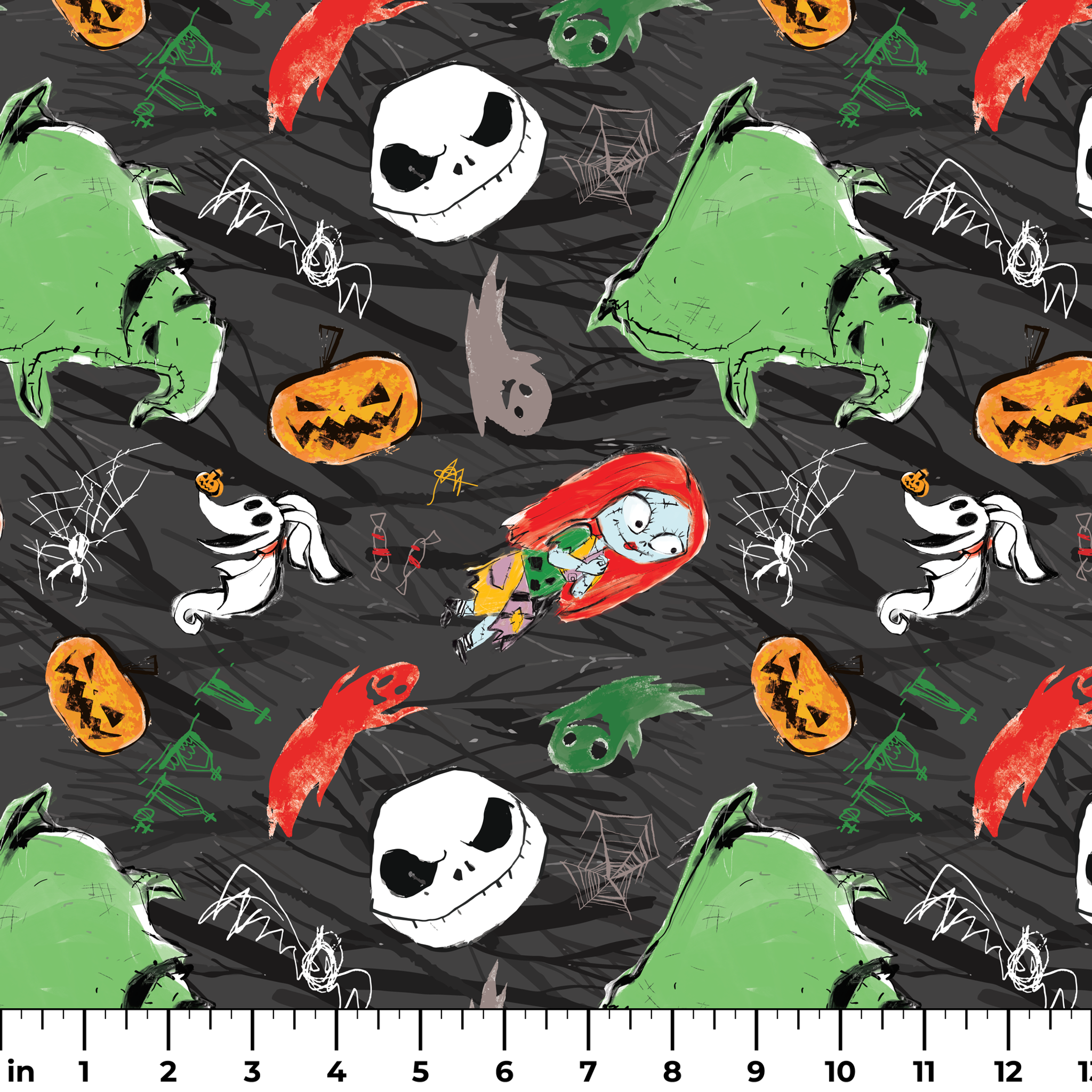 Nightmare Before Christmas pattern with Jack's face, green ghosts, orange pumpkins, spiders, and white ghosts on dark gray background ruler