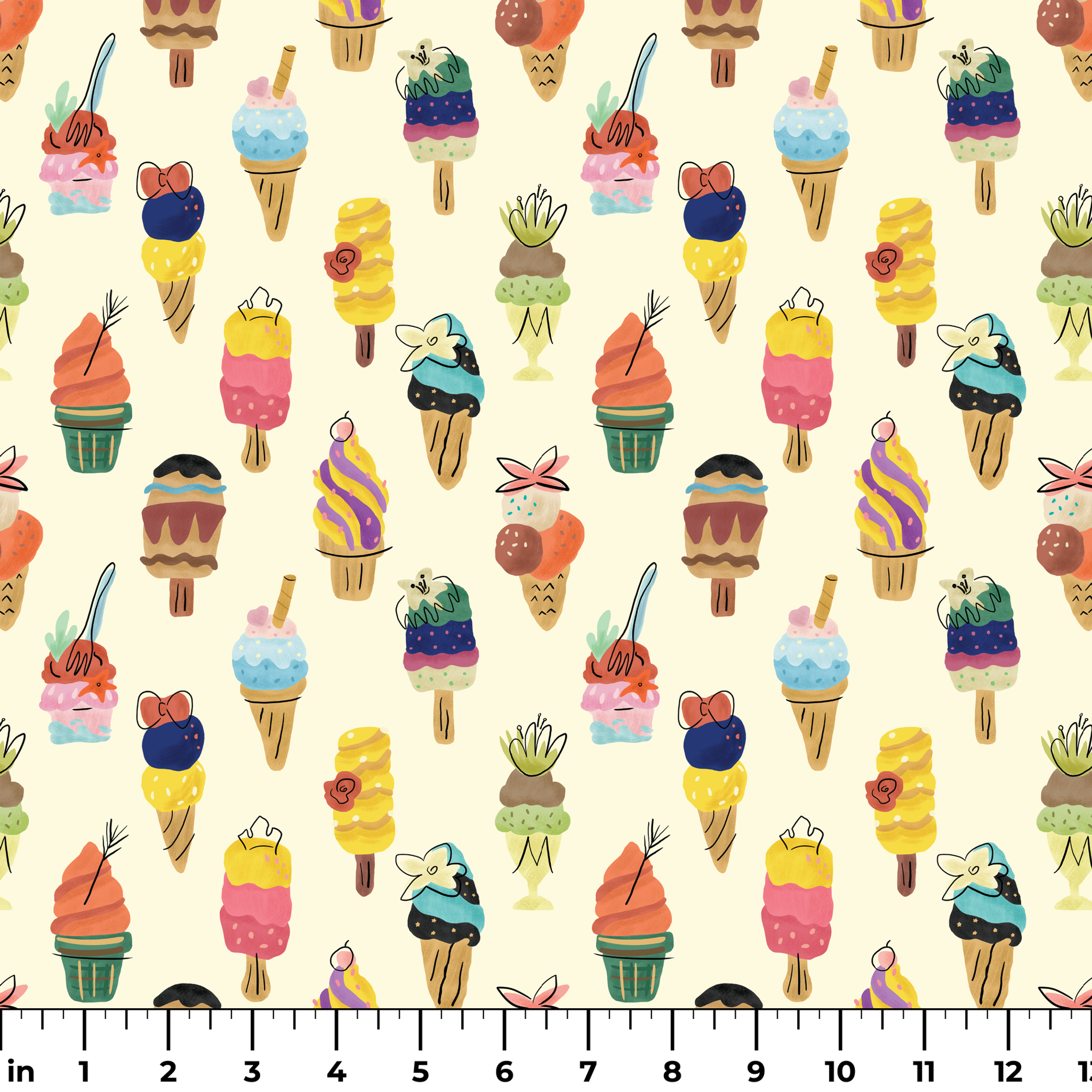 Colorful illustration of Disney Princess-inspired ice cream desserts including cones, popsicles, and sundaes with decorative toppings ruler