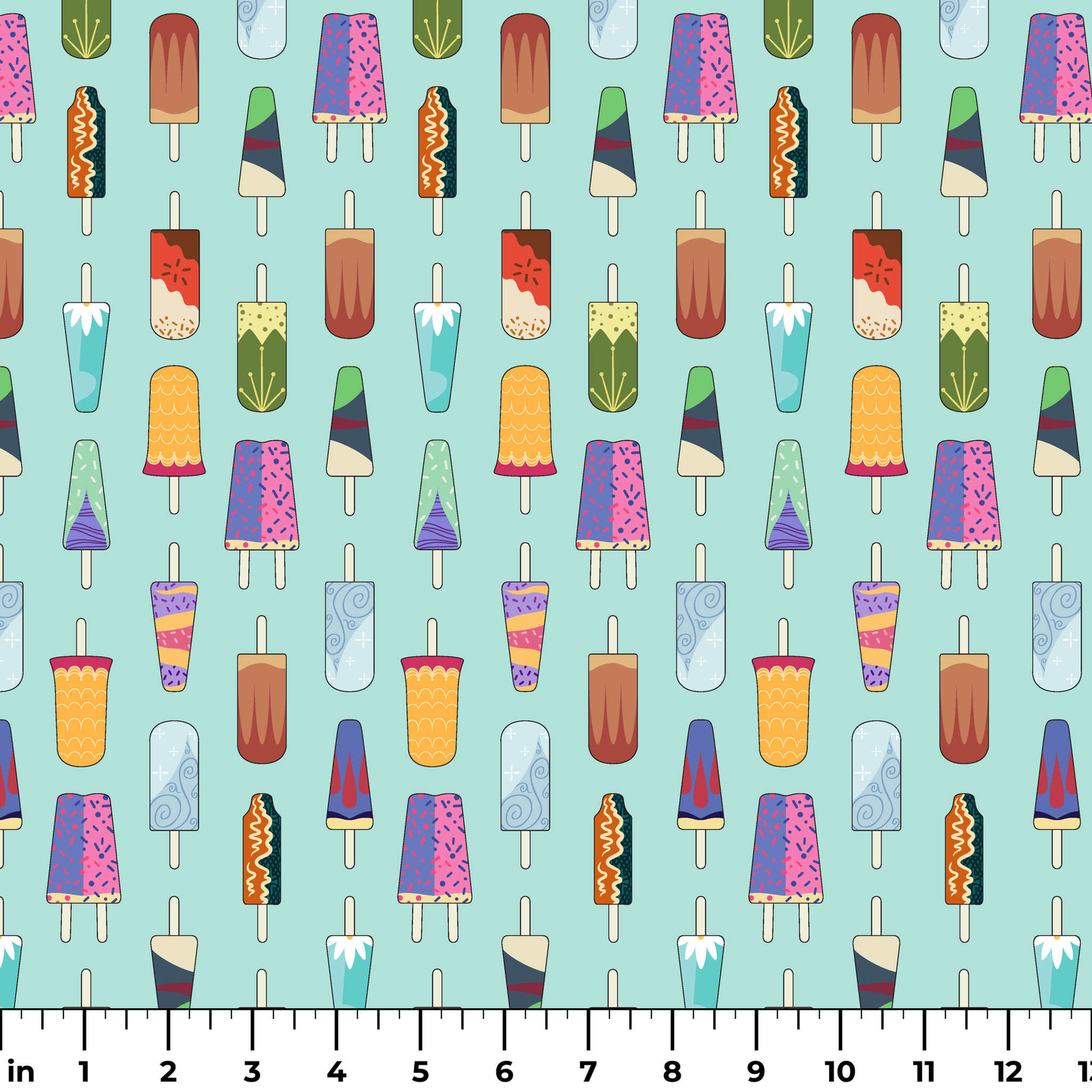 Disney Princess popsicle pattern on light teal background with various ice cream designs and styles ruler
