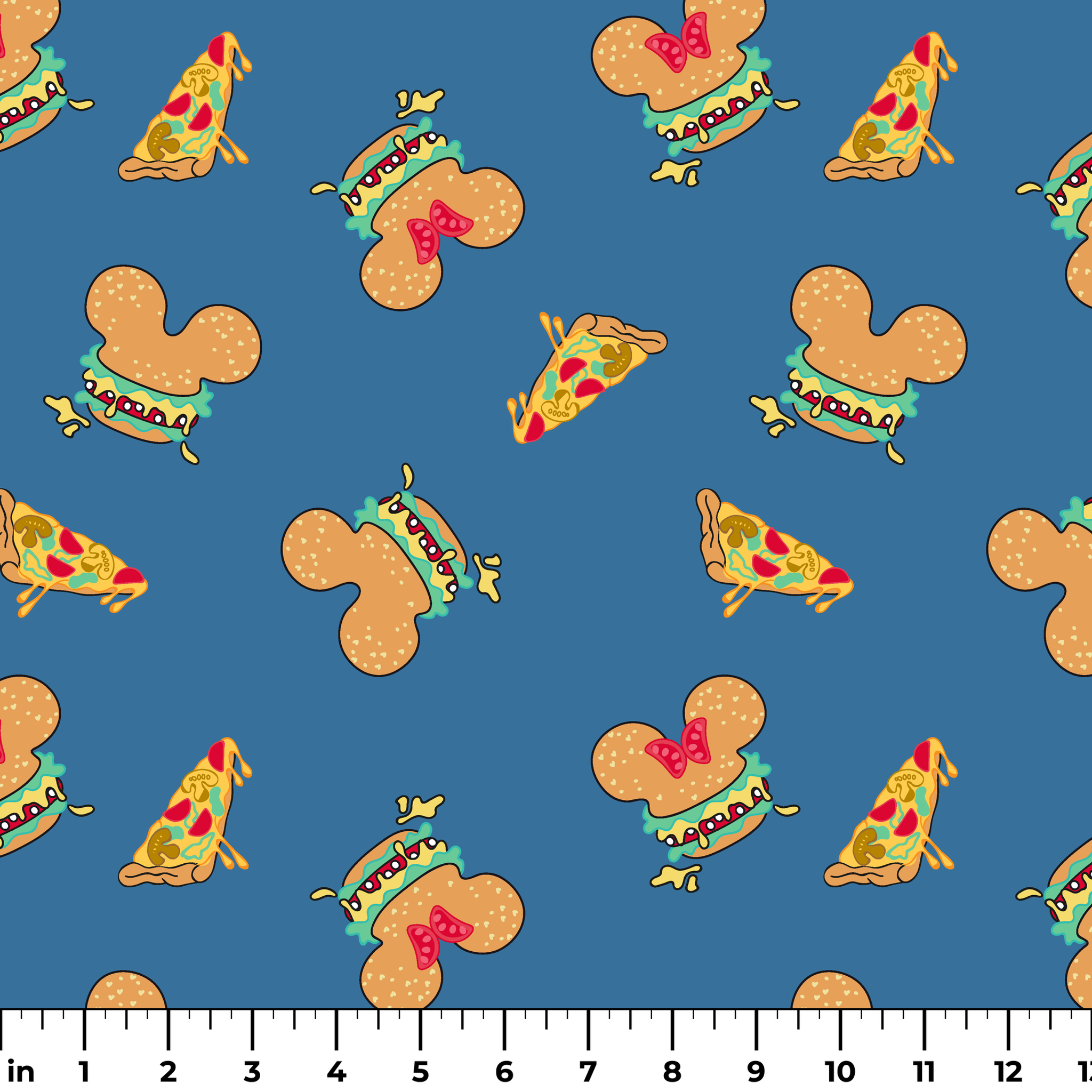 Pattern of Disney-inspired food items - hot dogs and pizza slices on blue background ruler
