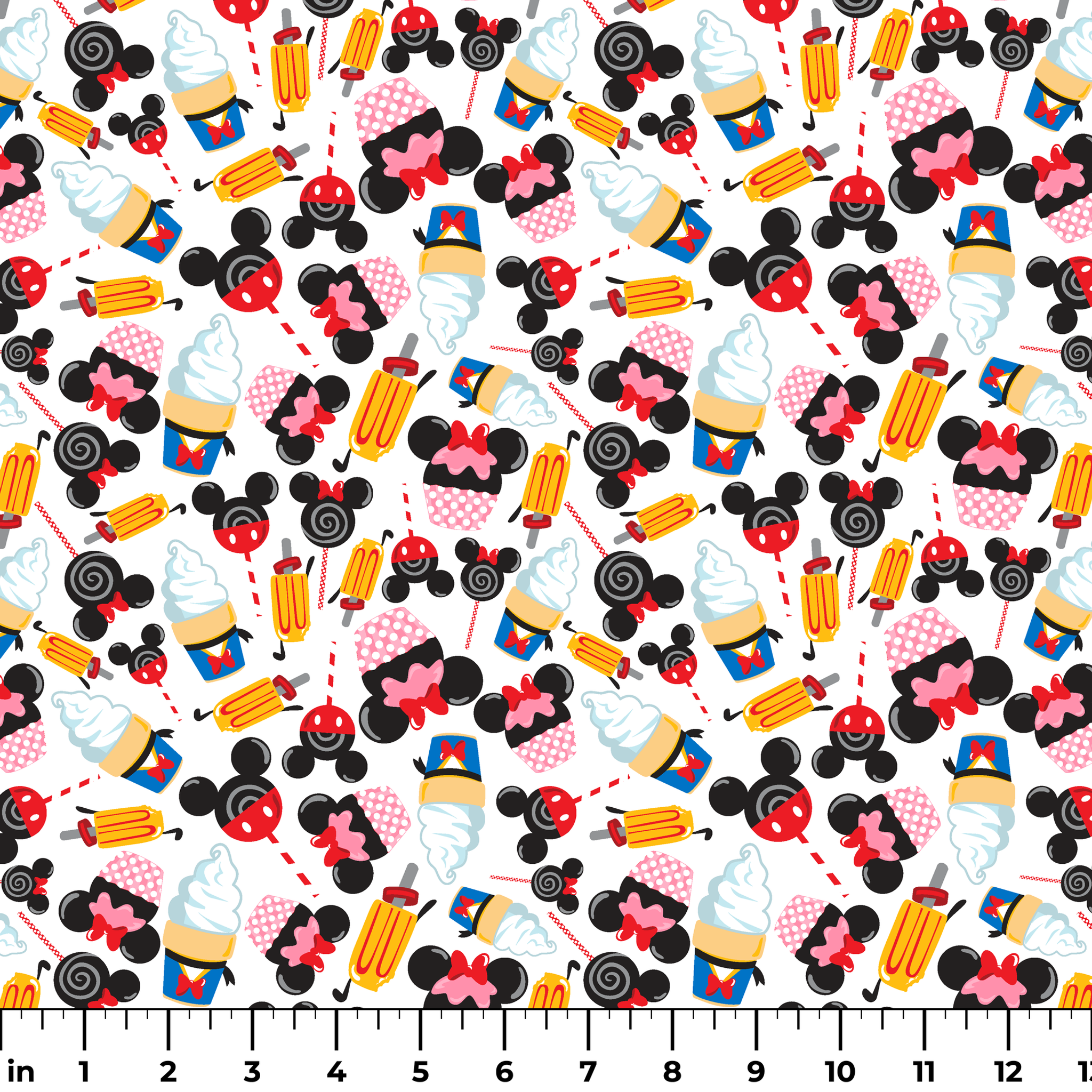 Disney-inspired pattern with ice cream cones and colorful swirled decorative elements on white background ruler