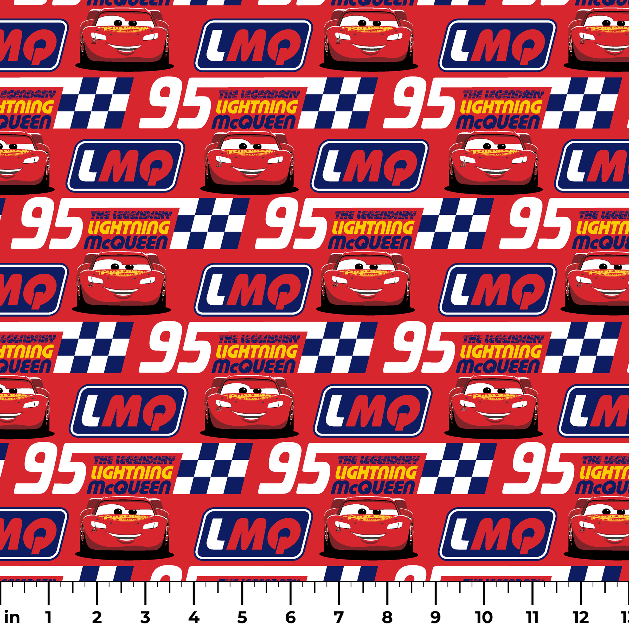Colorful red racing pattern with "95" numbers, "Lightning" text, checkered flags, and blue "LMC" logos ruler