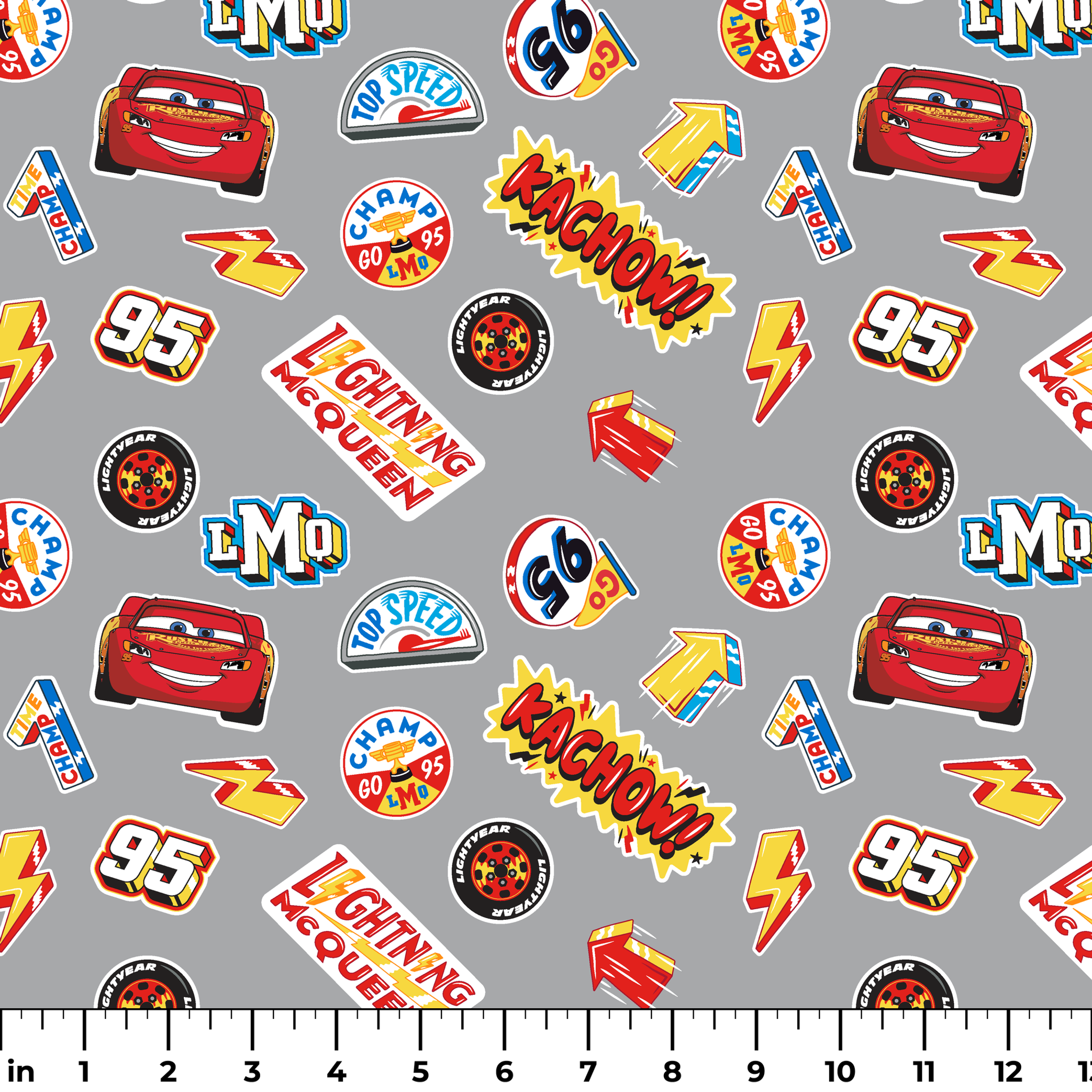 Colorful Disney Cars movie stickers featuring Lightning McQueen, racing logos, and numbers on gray background ruler