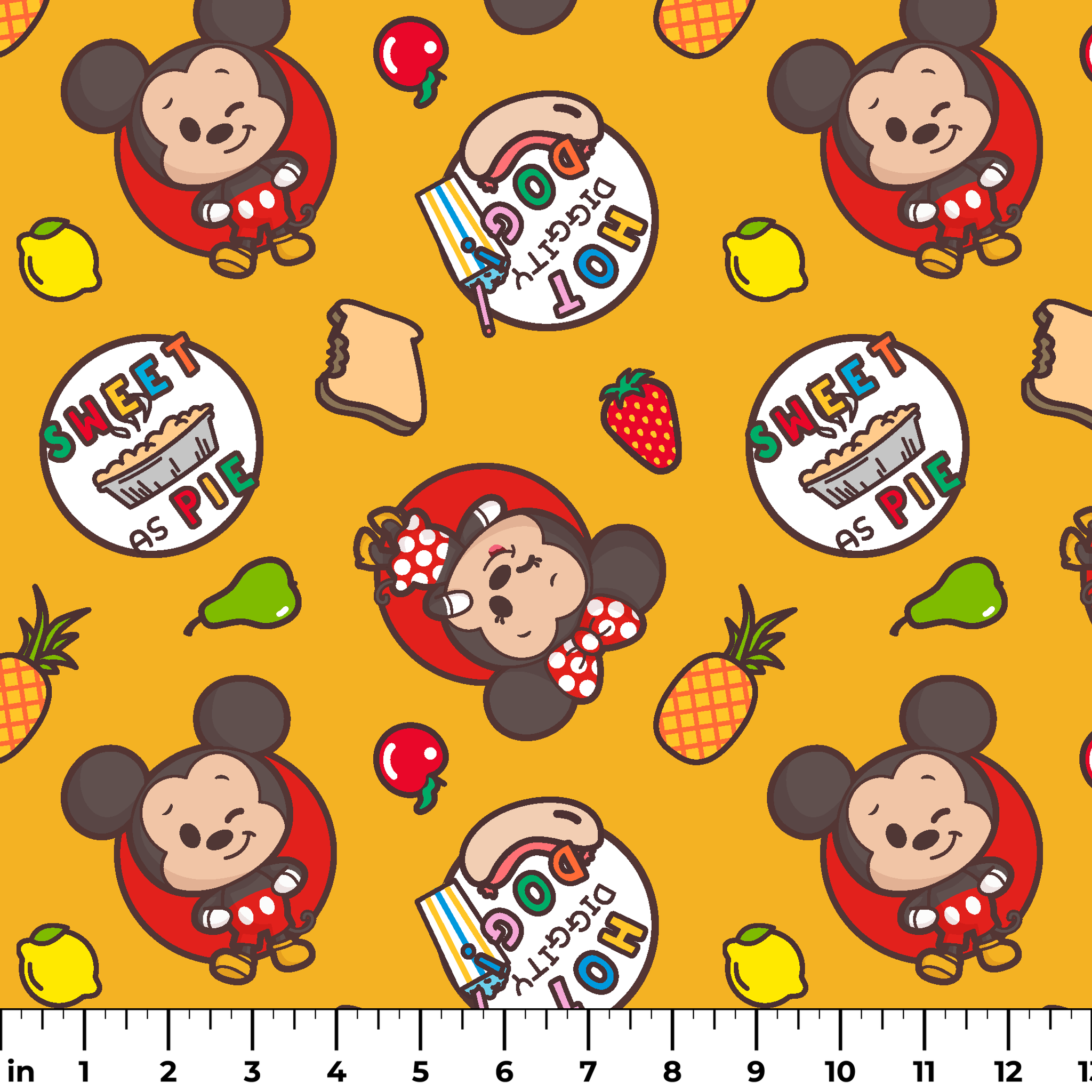Mickey & Minnie Mouse with round badges on yellow background with fruit icons and toast patterns ruler