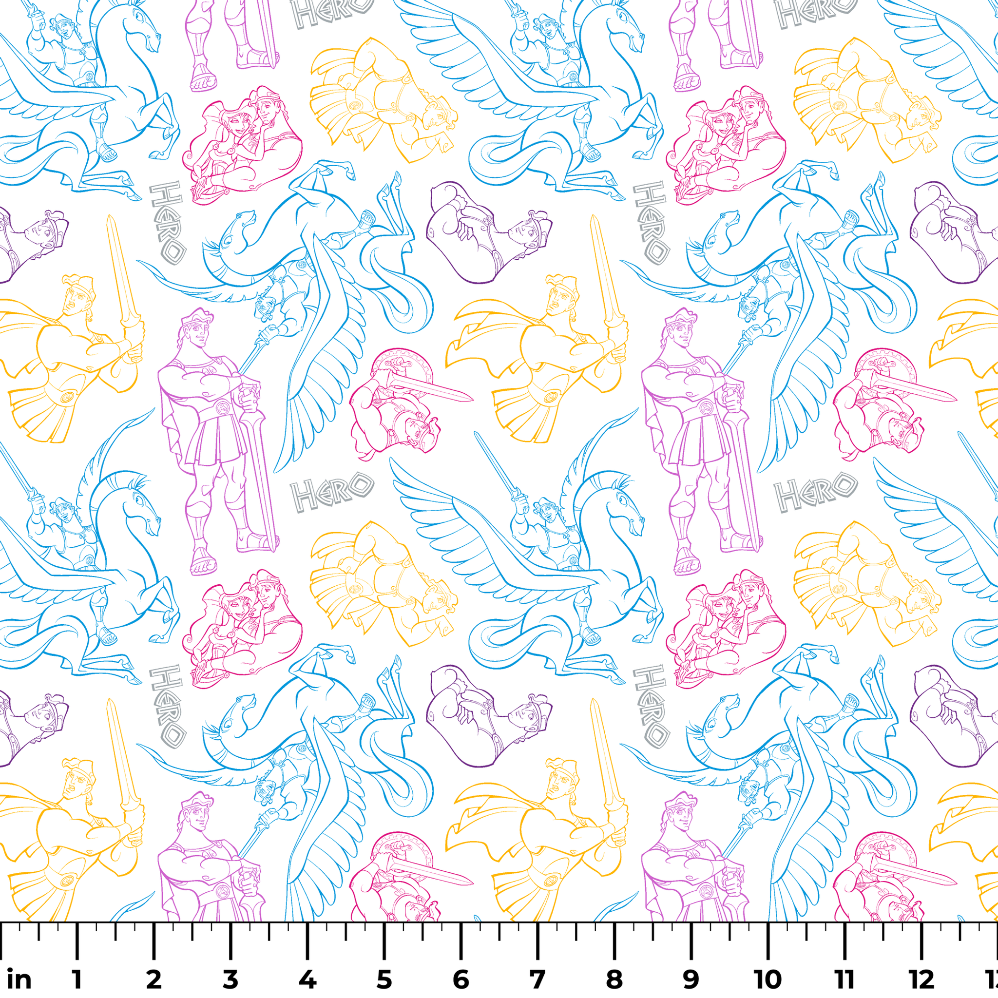 Colorful line art drawings of Hercules characters in blue, purple, and yellow outlines ruler