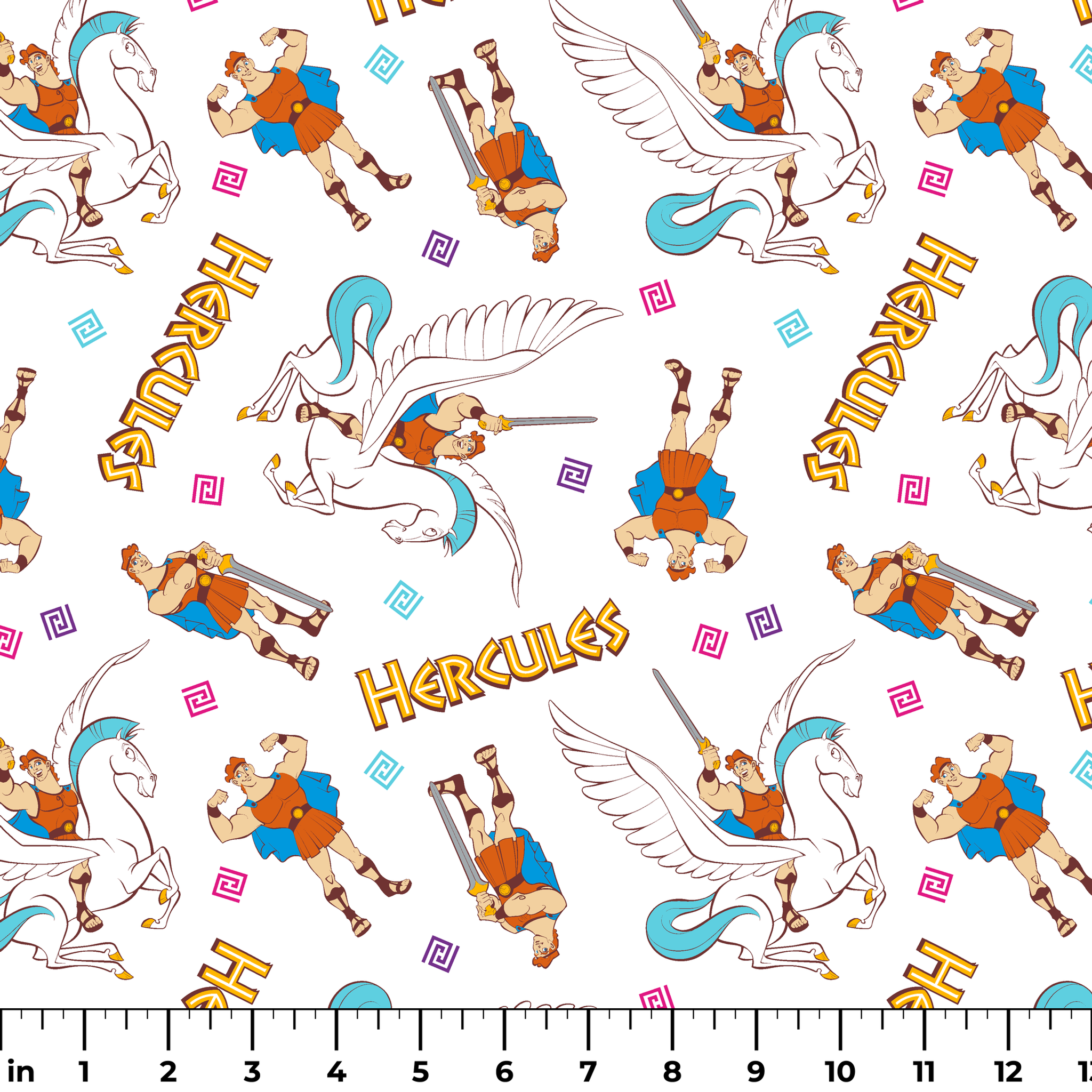 Cartoon pattern of Hercules characters with Pegasus, swords, and "HERCULES" text on white background ruler