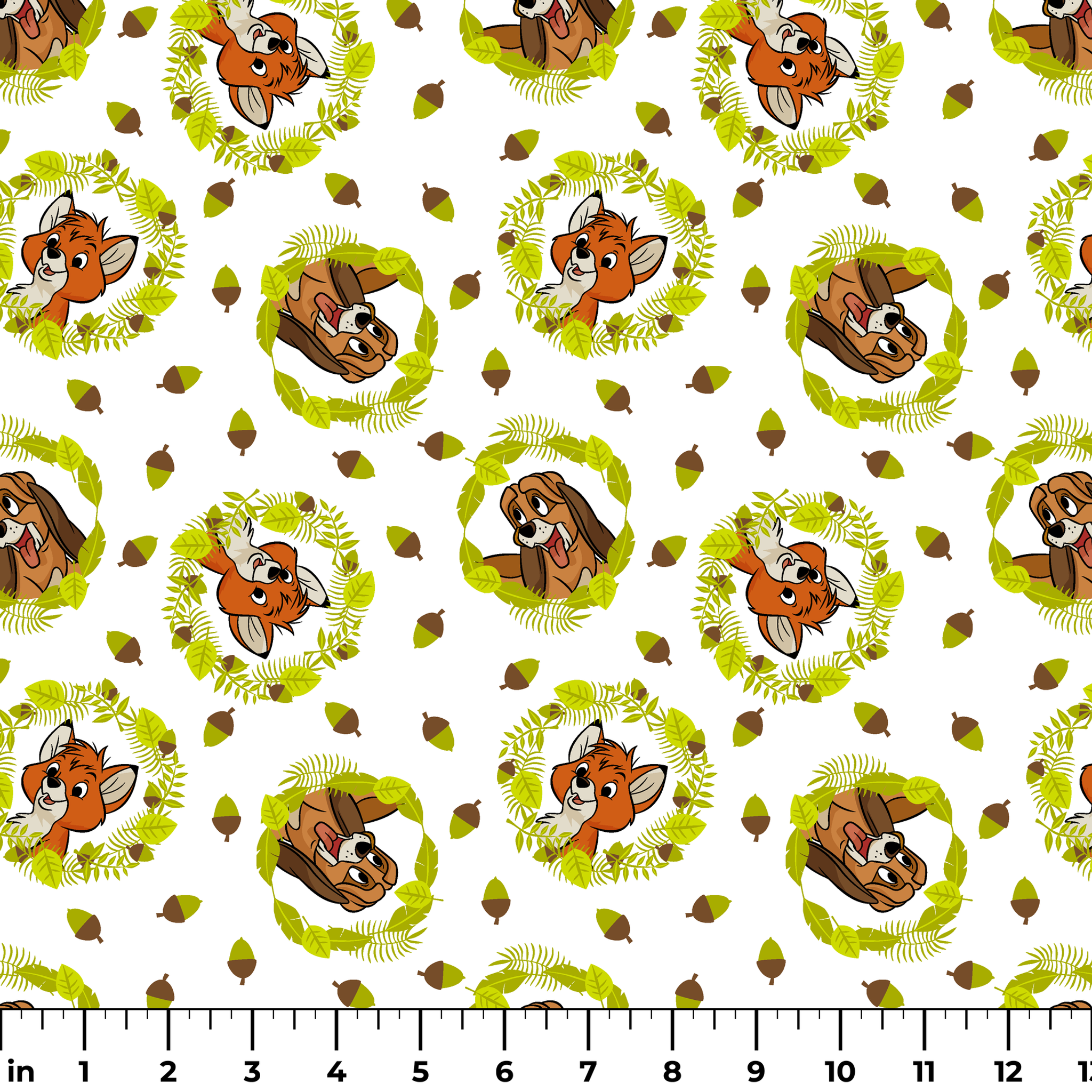 Fox and the Hound characters in green leafy wreaths with scattered acorns on white background ruler