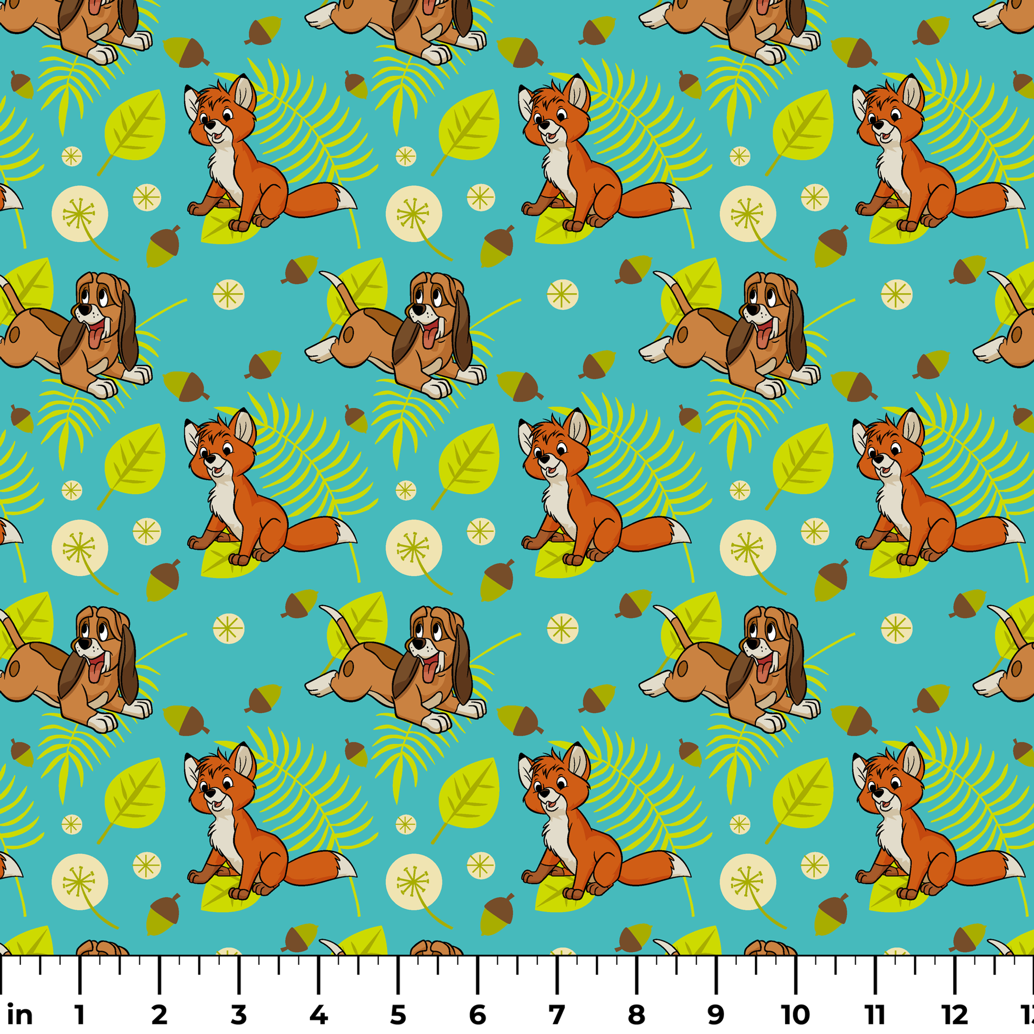 The Fox and the Hound characters on turquoise background with yellow leaves and acorns ruler