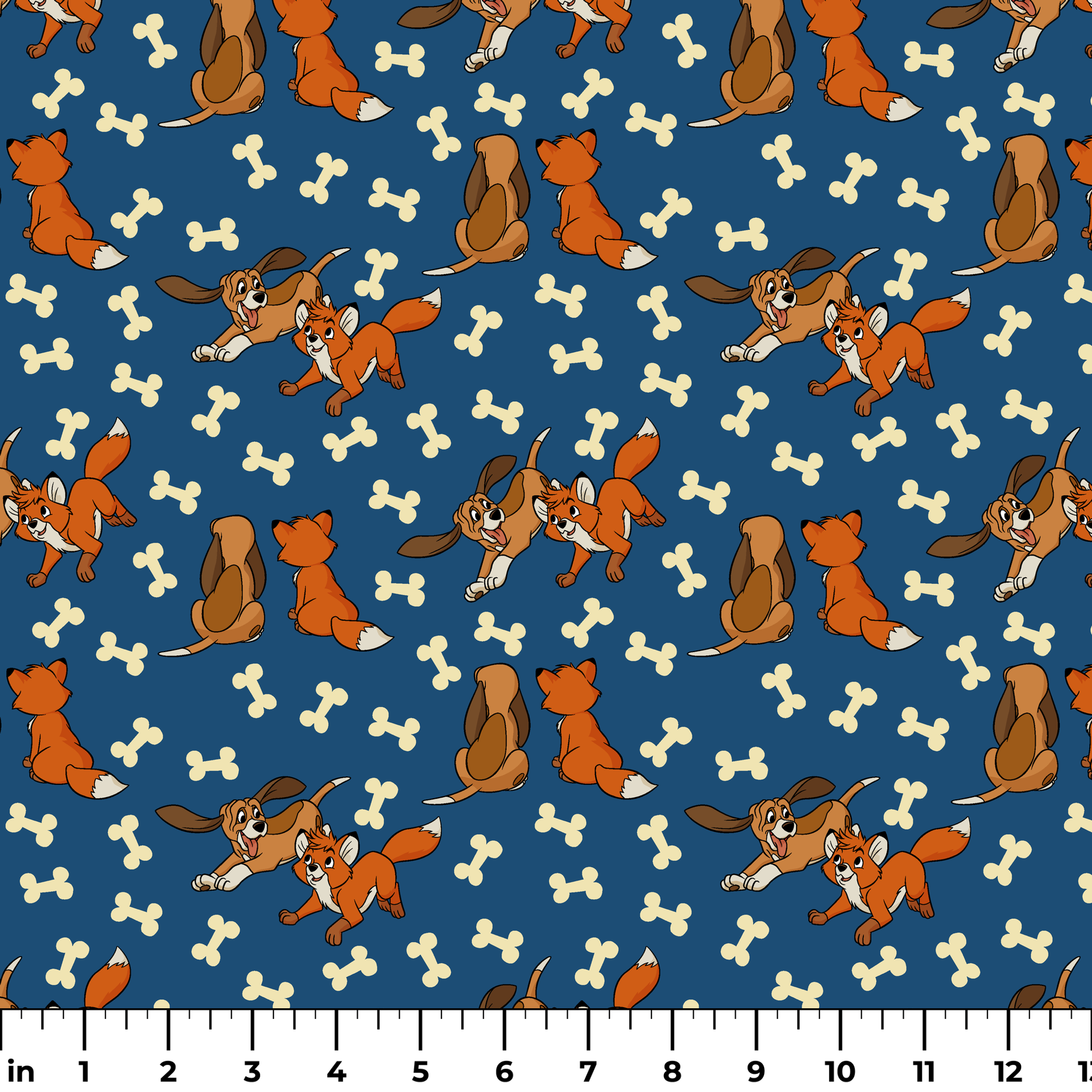 Fox and the Hound characters playing against blue background with scattered bone pattern ruler
