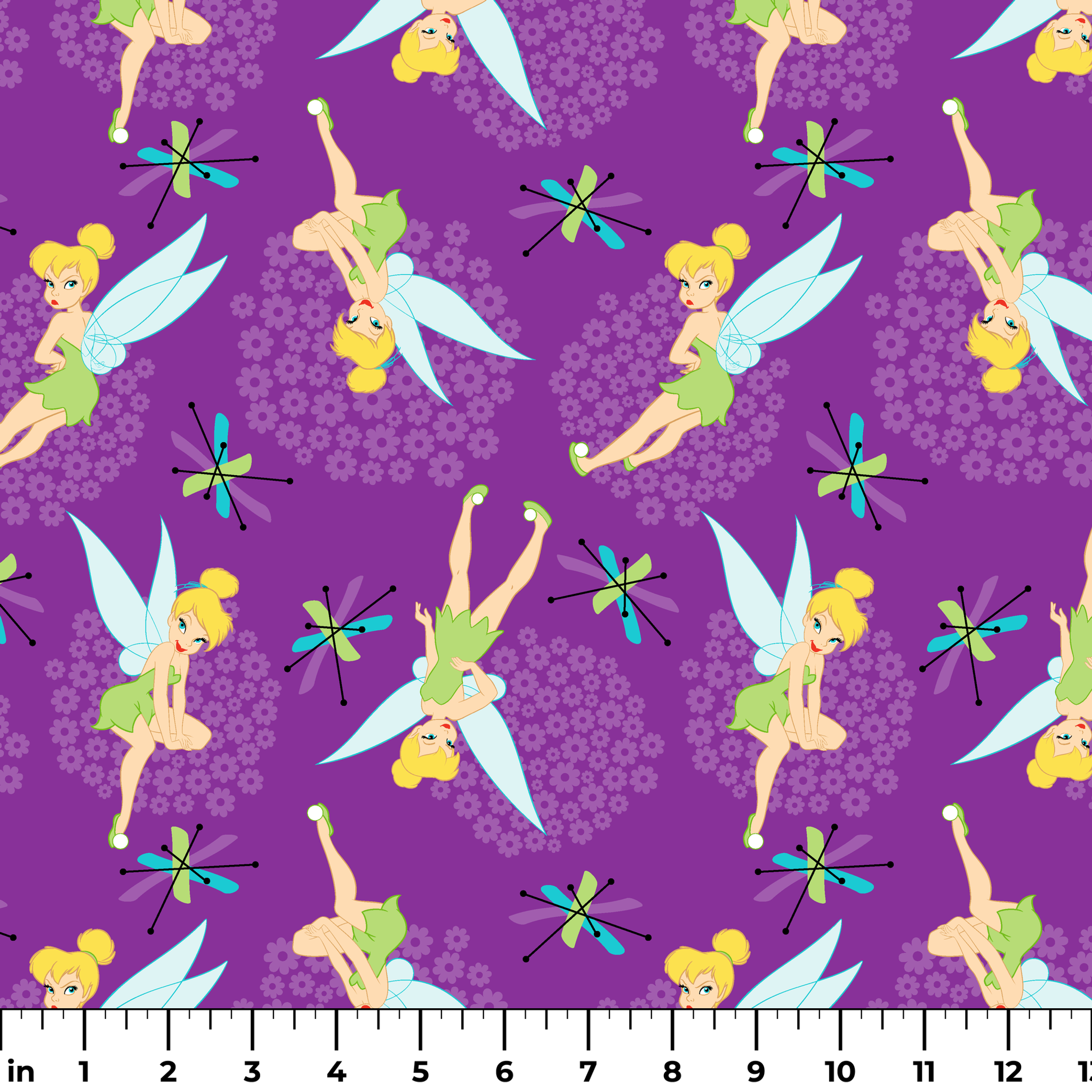 Repeating Tinker Bell pattern in green dresses on purple background ruler