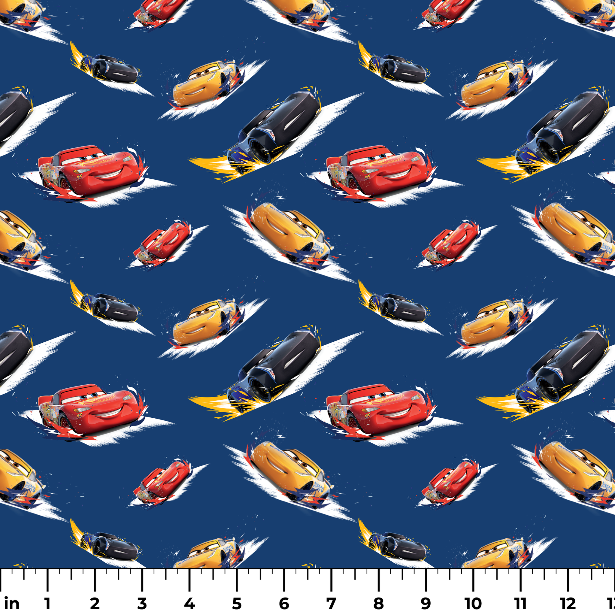 Animated race cars from Disney's Cars movie speeding across a blue background with white motion streaks ruler