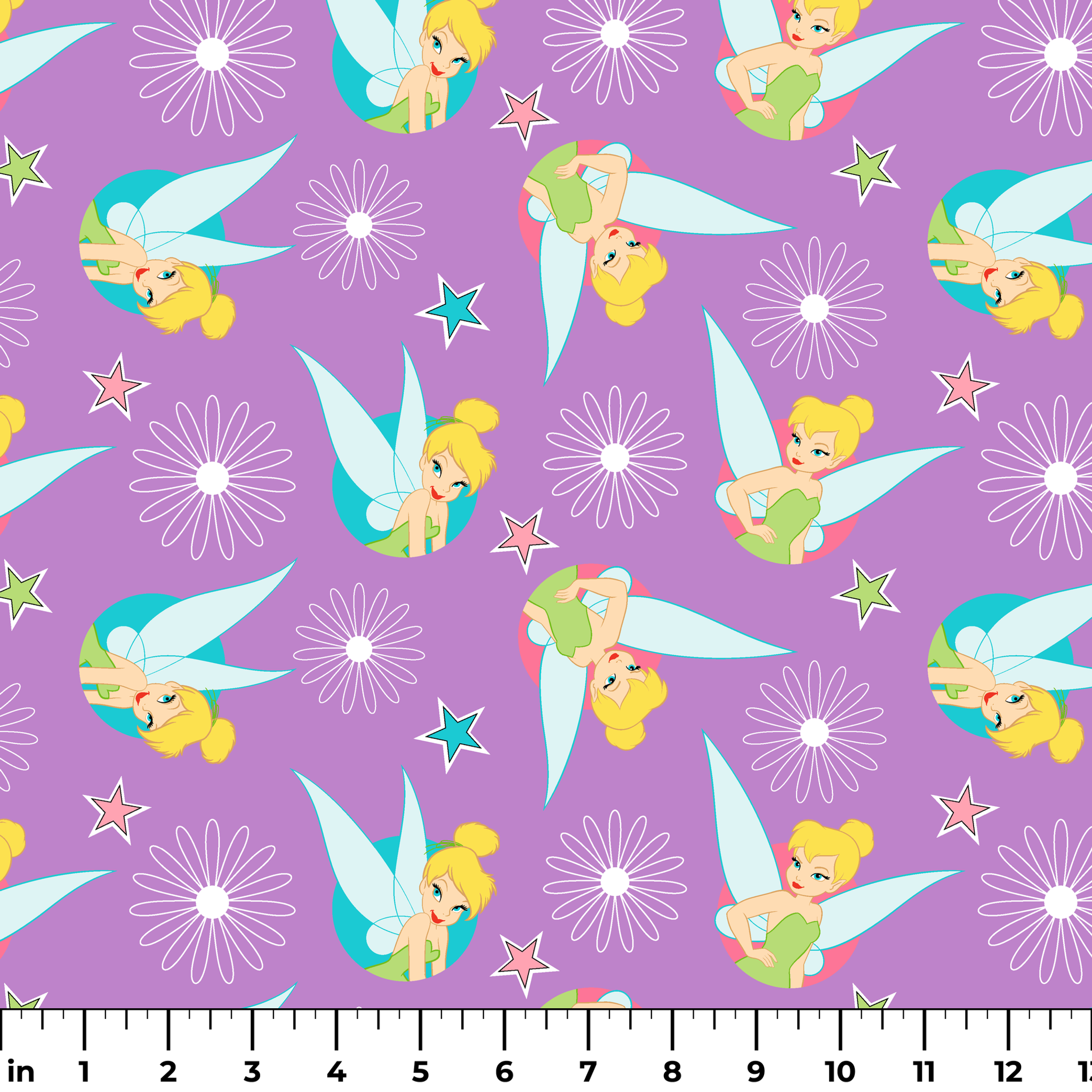 Tinker Bell on a purple background with white daisy flowers and colorful stars. ruler